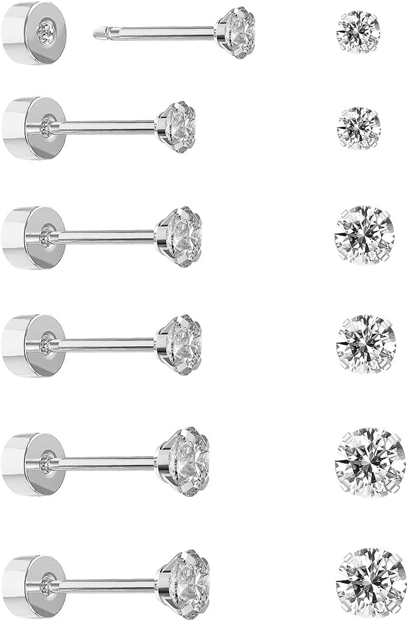 5-6 Pairs Push-In Flat Back Stud Earrings Hypoallergenic Surgical Stainless Steel Cubic Zirconia Earrings Studs Set Multi-Pack, CZ Stud Earrings for Women Men Trendy Cartilage Stud Earrings 2-8Mm