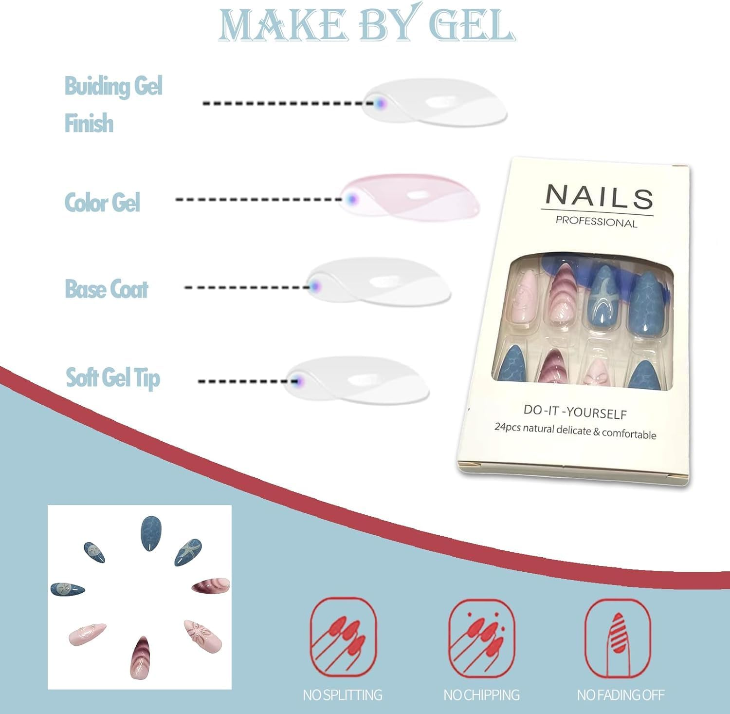 LYMCY Press on Nails French,Ocean Style Starfish Shell 3D Fake Nails, Artificial Nails for Women and Girls -24 Pcs image number 4