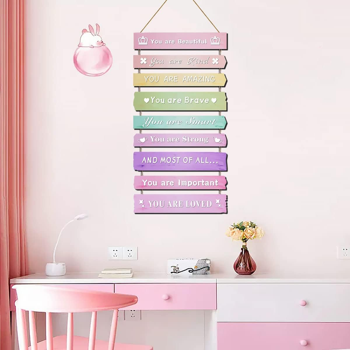 Pink Room Decor for Teen Girls Aesthetic, Cute Bedroom Wall Decor for Baby Girl, Boho Rainbow Wall Art Signs, Trendy Stuff Decorations for Kids Nursery Bed Room Dorm Classroom Bathroom image number 2