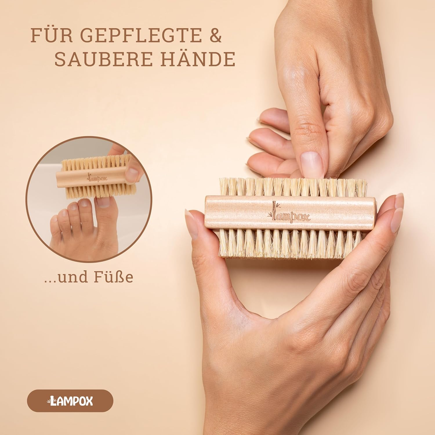 Lampox&reg; Wooden Nail Brush with Durable, Hard and Soft Bristles - Plastic-Free and Sustainable. Ideal as a Brush for Kids, Vegetable Brush, Root Brush, Finger Brush or Hand Wash Brush (3X) image number 1