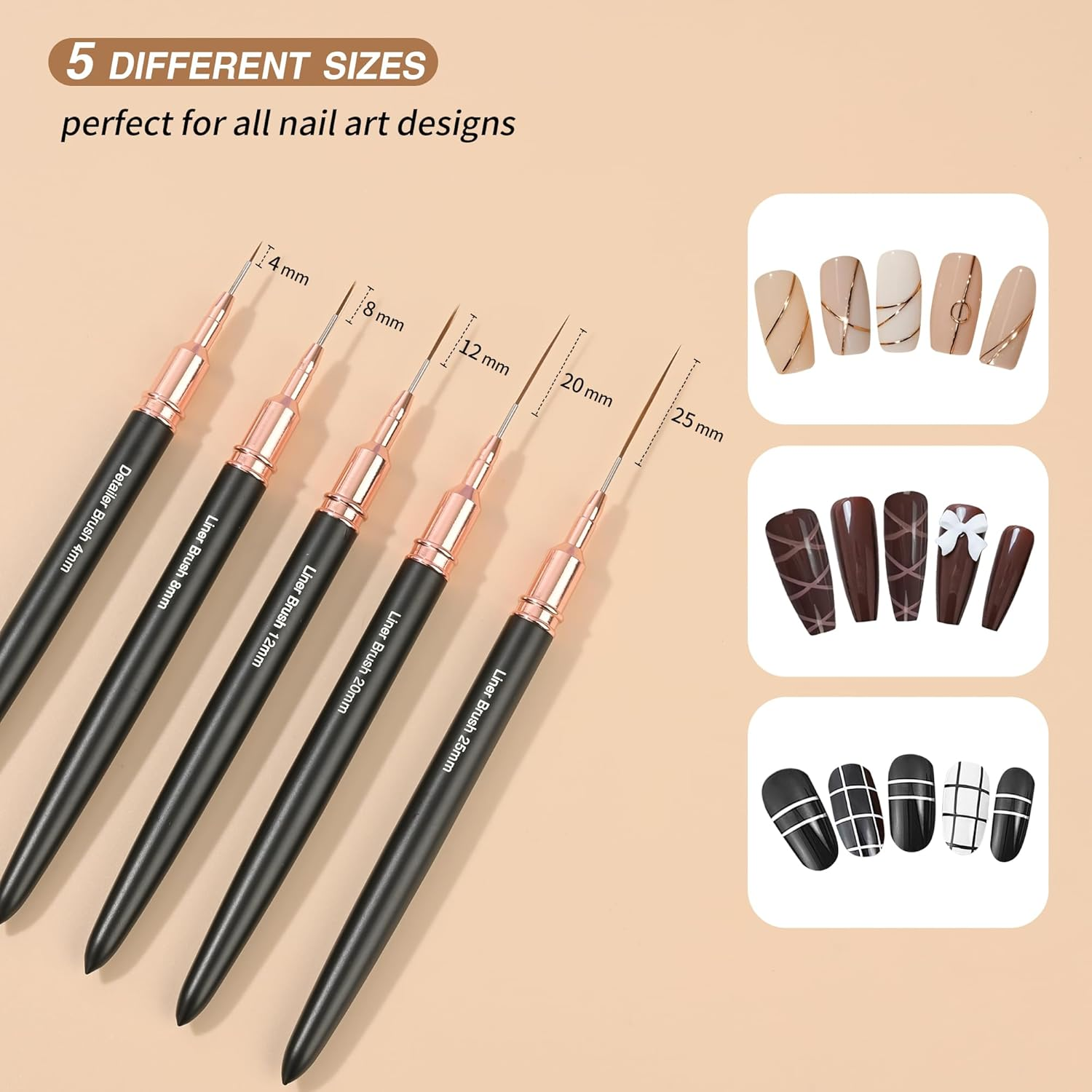 ZEOHBETY Metallic Nail Art Brushes, 5Pcs Nail Art Liner Brushes, Painting Art Design Brush Set Nail Dotting Drawing Tool for Long Lines, Thin Details, Fine Drawing Sizes 4/8/12/20/25Mm, Black image number 2
