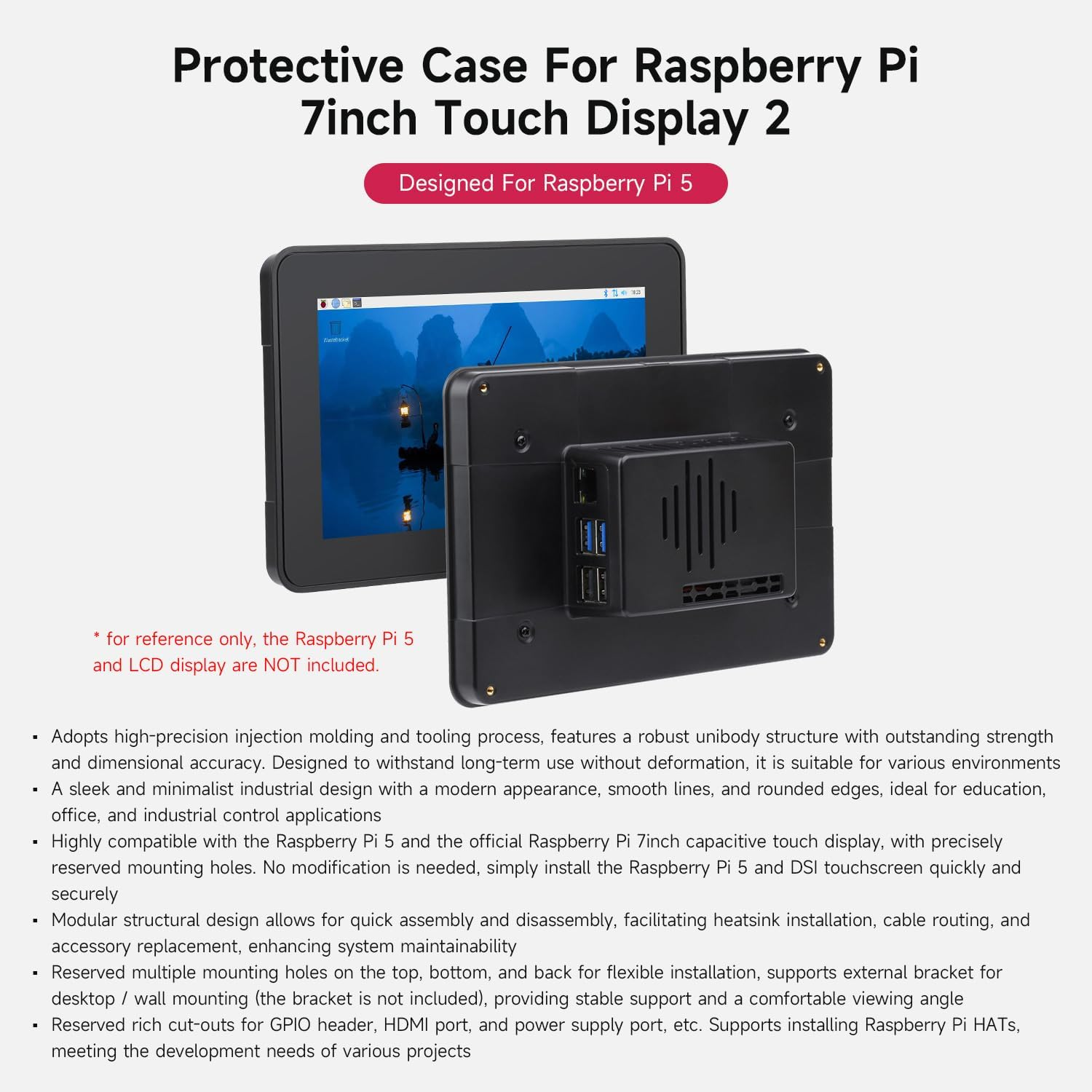 Waveshare Protective Case, Compatible with Rpi 7Inch Touch Display 2 and Raspberry Pi 5,Compatible with Multiple 7-Inch Screens, Supports Installing Raspberry-Pi Hats, Reserved Rich Interfaces，Black image number 1