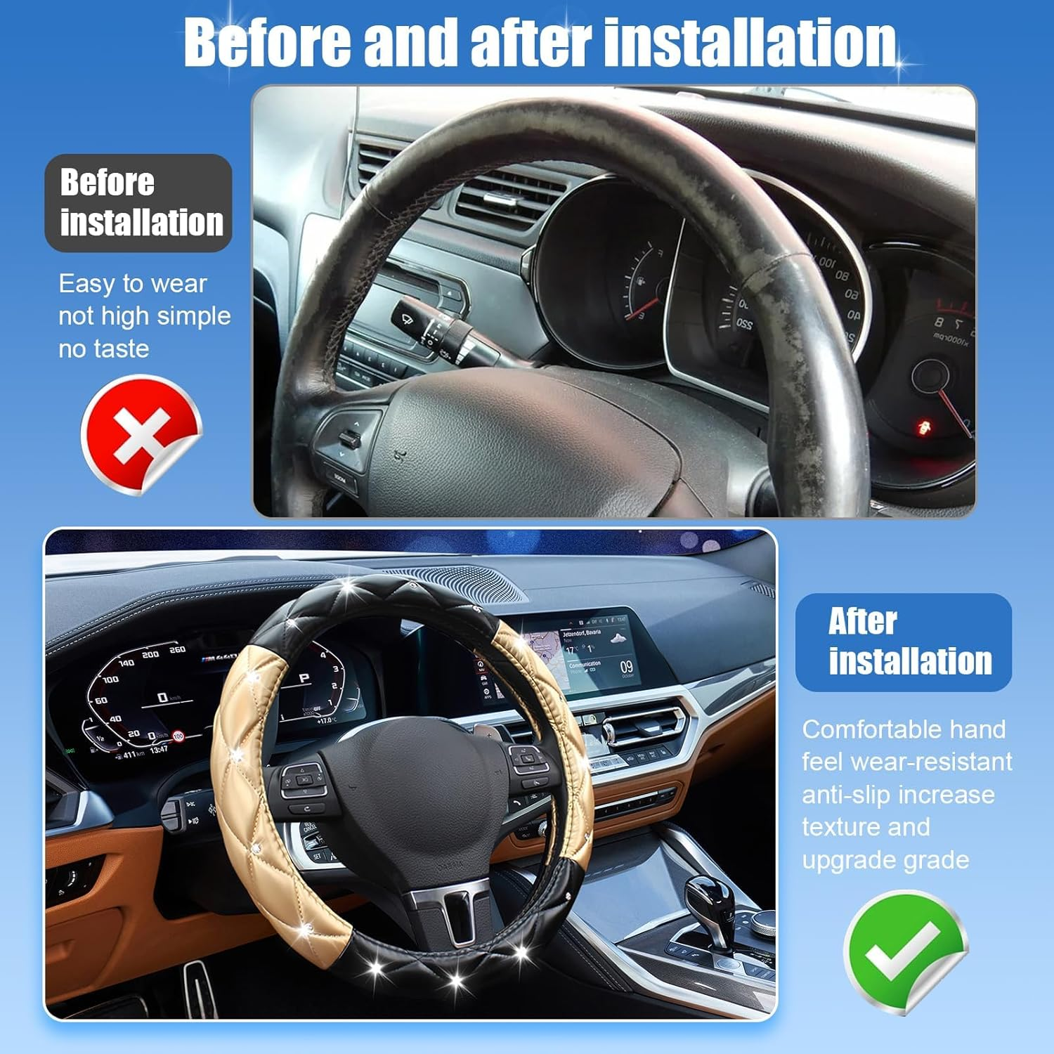 Superkaka Black and Gold Steering Wheel Cover, Auto Cute Diamond Bling Soft Comfort Leather Car Interior Accessories Protector Sparkly Fit Most O-Shaped Steering Wheels image number 5