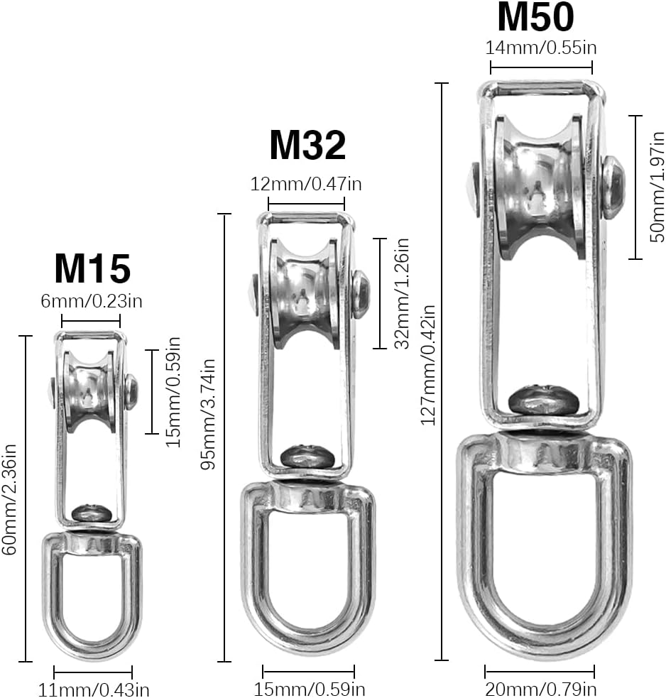 10 PCS M15 Single Pulley Blocks, Heavy Duty Roller Crane Pulley Accesseries Swiveling Wire for Lifting 250Kg/551Ibs 304 Stainless Steel(M15) image number 3