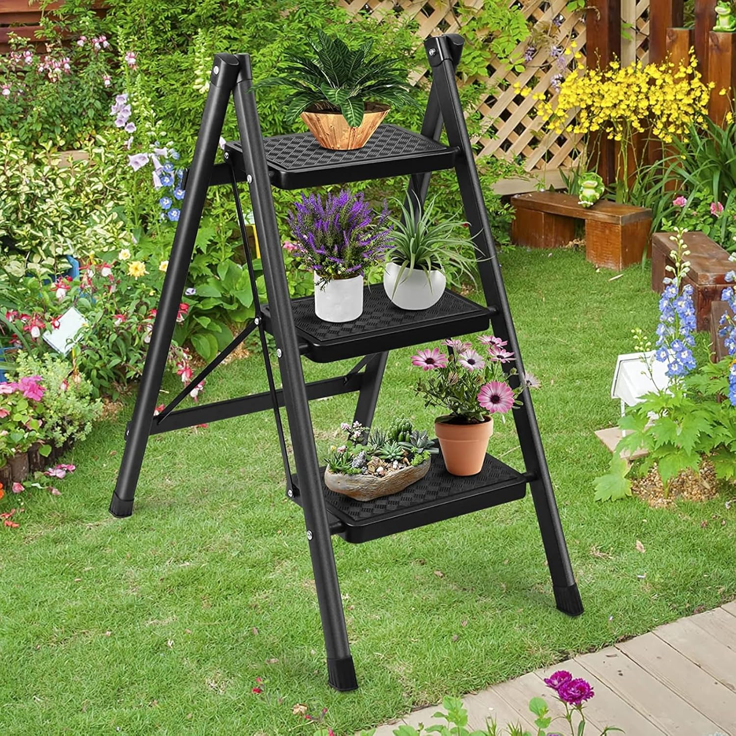 Foldable Black Step Ladder, 3 Step Stool with Wide Anti-Slip Pedal, Portable Sturdy Steel Ladder, 42 * 71 * 80Cm image number 1