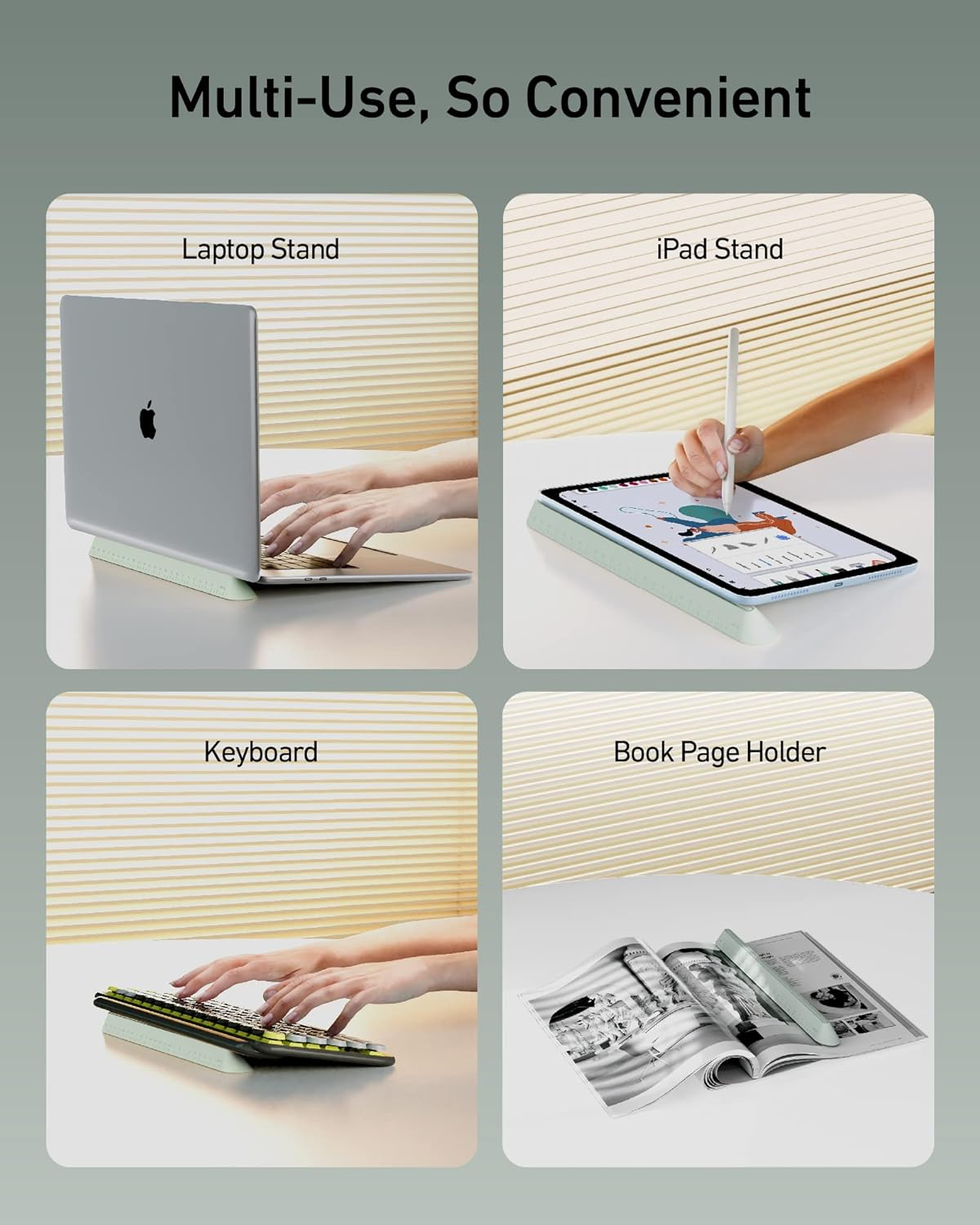 Ergounion 3 in 1 Silicone Laptop Stand for Desk - Keyboard Riser for Ergonomic Typing/Reading, Portable Laptop Cooling Stand, 9"/24Cm Measurable Pencil Case Holder- Oval Base, Macaron Green image number 4