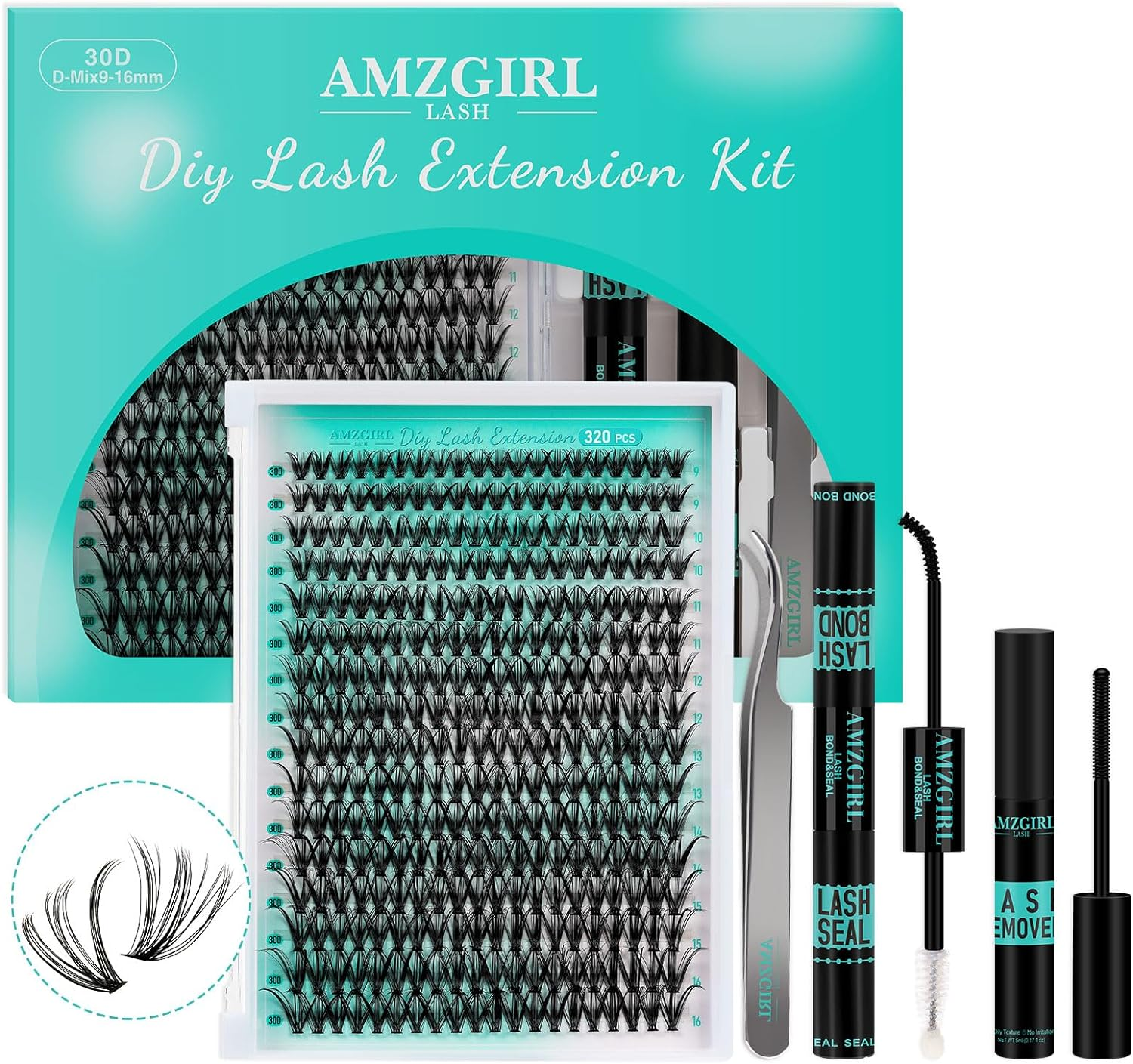 Lash Extension Kit 320Pcs,Diy Individual Lashes Clusters Kit,Lash Bond and Seal,Lash Remover for Eyelashes Extensions,Lash Applicator Tool for False Eyelash Cluster Kit at Home(3040D,D-Mix9-16Mm Kit) image number 3