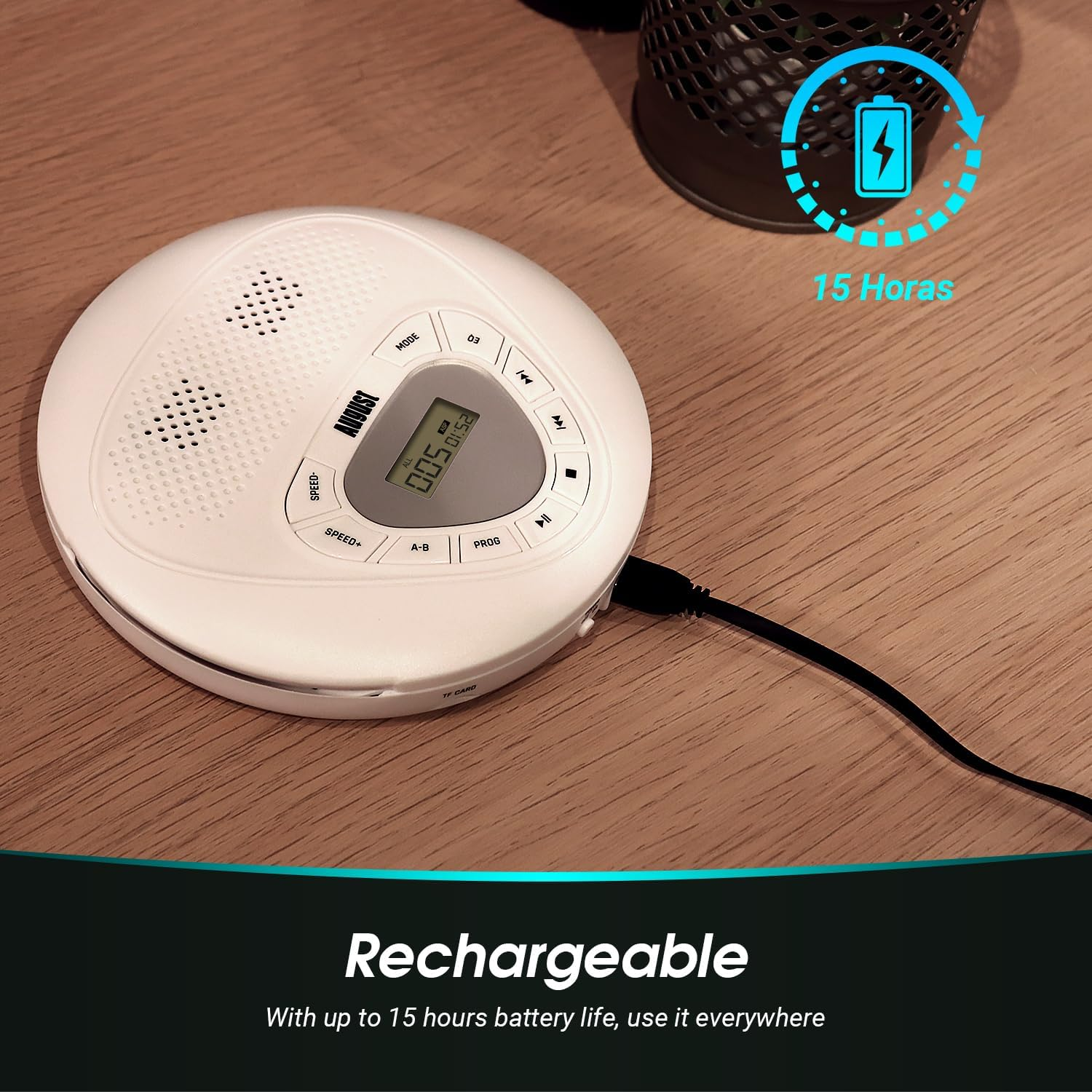 August SE10W Rechargeable Portable CD Player with Earphones USB-C Personal CD Walkman with anti Skip Protection, Repeat, EQ, PROG, MP3 Micro SD Card Mode - Small Size for Car, Home, Travel - White