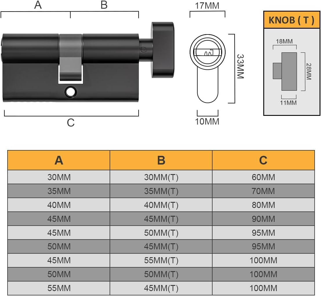 Bwintech Keyed Alike 30T/30 Mm Euro Brass Cylinder, 60 Mm Key/Key Cylinder Lock with 5 Horizontal Brass Keys, anti Picking, anti Drilling, anti Bumping, Black Surface image number 1