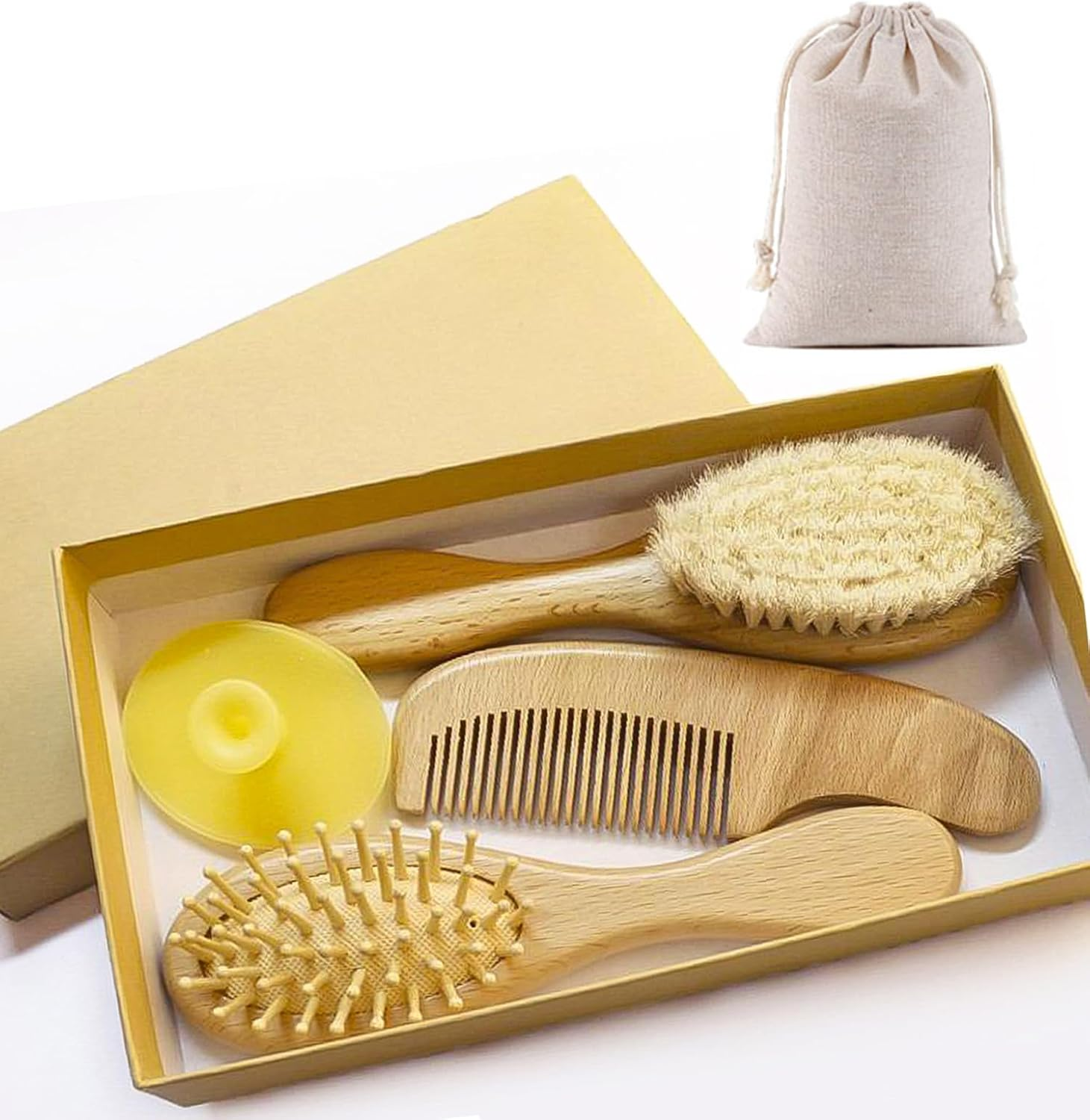 Baby Hair Brush and Comb Set, 4 Pcs Newborn Brushes with Soft Bristle, Natural Goat Hair and Wooden Cradle Cap Comb for Newborns & Toddlers, Newborn Baby Essentials, Perfect Registry Gift image number 2