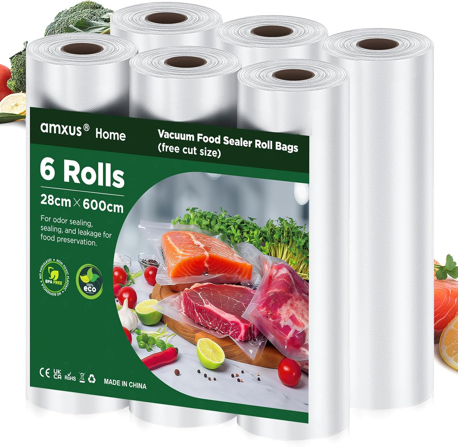 Amxus Vacuum Sealer Bags, 6Rolls 28CM*6M Vacuum Seal Bags for Food Saver, Seal a Meal, Weston, Commercial Grade, BPA Free, Heavy Duty, Great for Portion Control & Food Storage image number 6