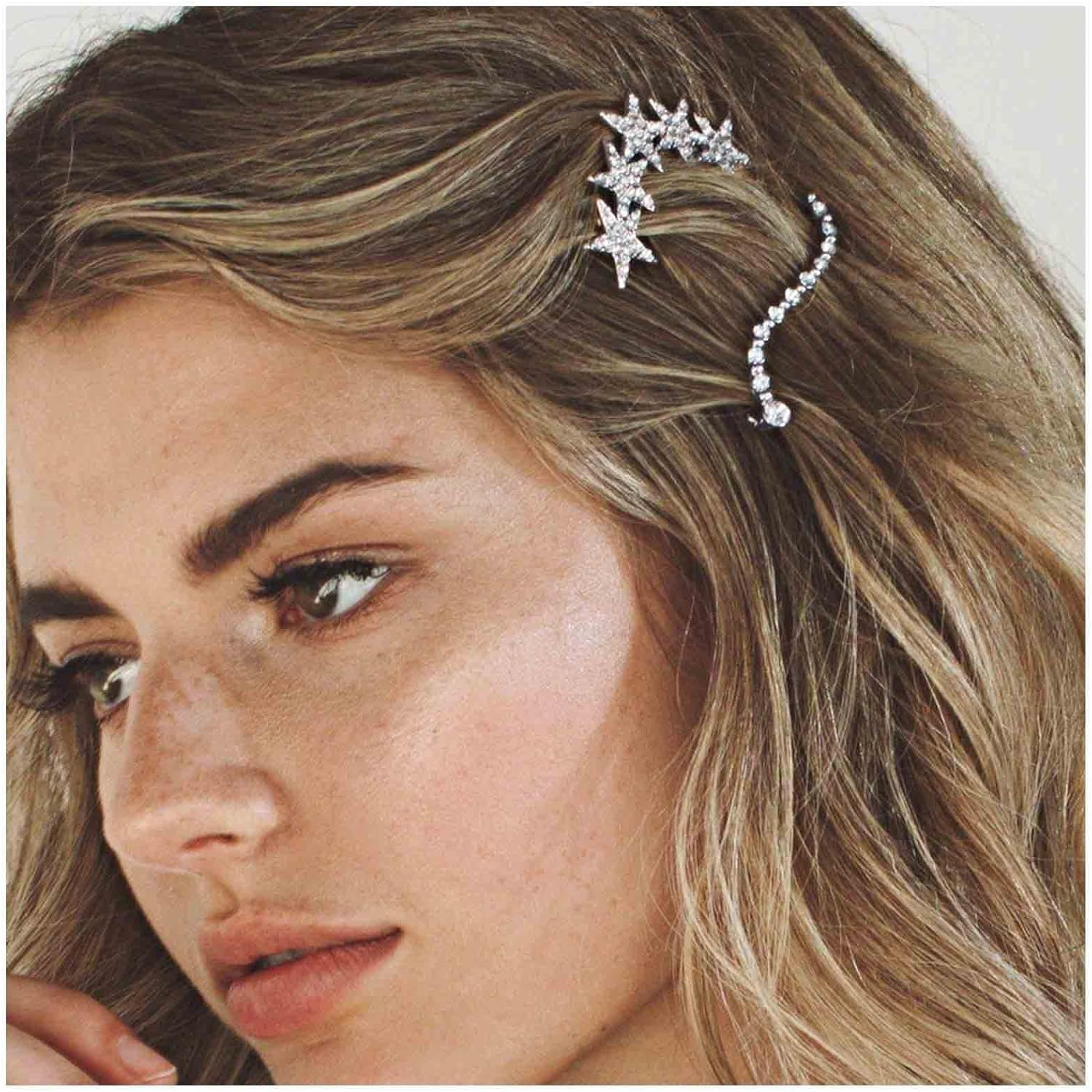 Yheakne Boho Crystal Moon Star Hair Clip Cz Star Hair Clip Silver Rhinestone Crescent Moon Hair Clip Cz Hair Clip Headpiece Decorative Headwear for Women and Girls (Silver Star and Moon) image number 6