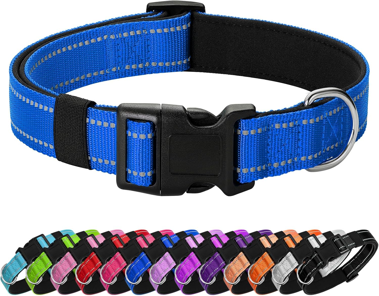 Penseepet Reflective Dog Collar Padded with Soft Neoprene Breathable Quick Release Basic Dog Collars for Medium Large Dogs Blue Boy Girl