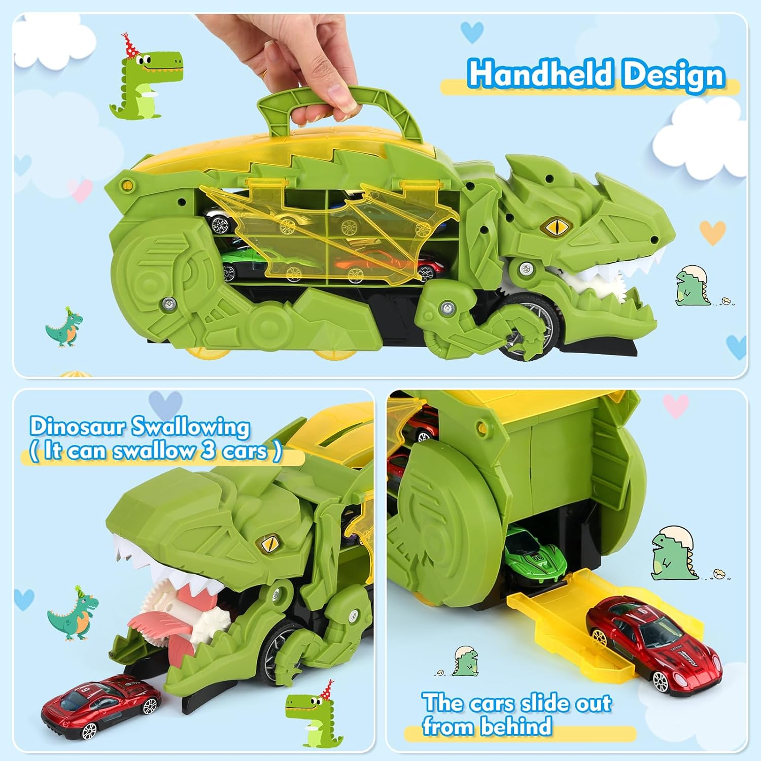 Dinosaur Truck Toy for Kids, Transforms into Triceratops with Race Track Set, City Dinosaur Transporter with 8 Toy Vehicle for Kids Boys over 3 Years Old image number 6