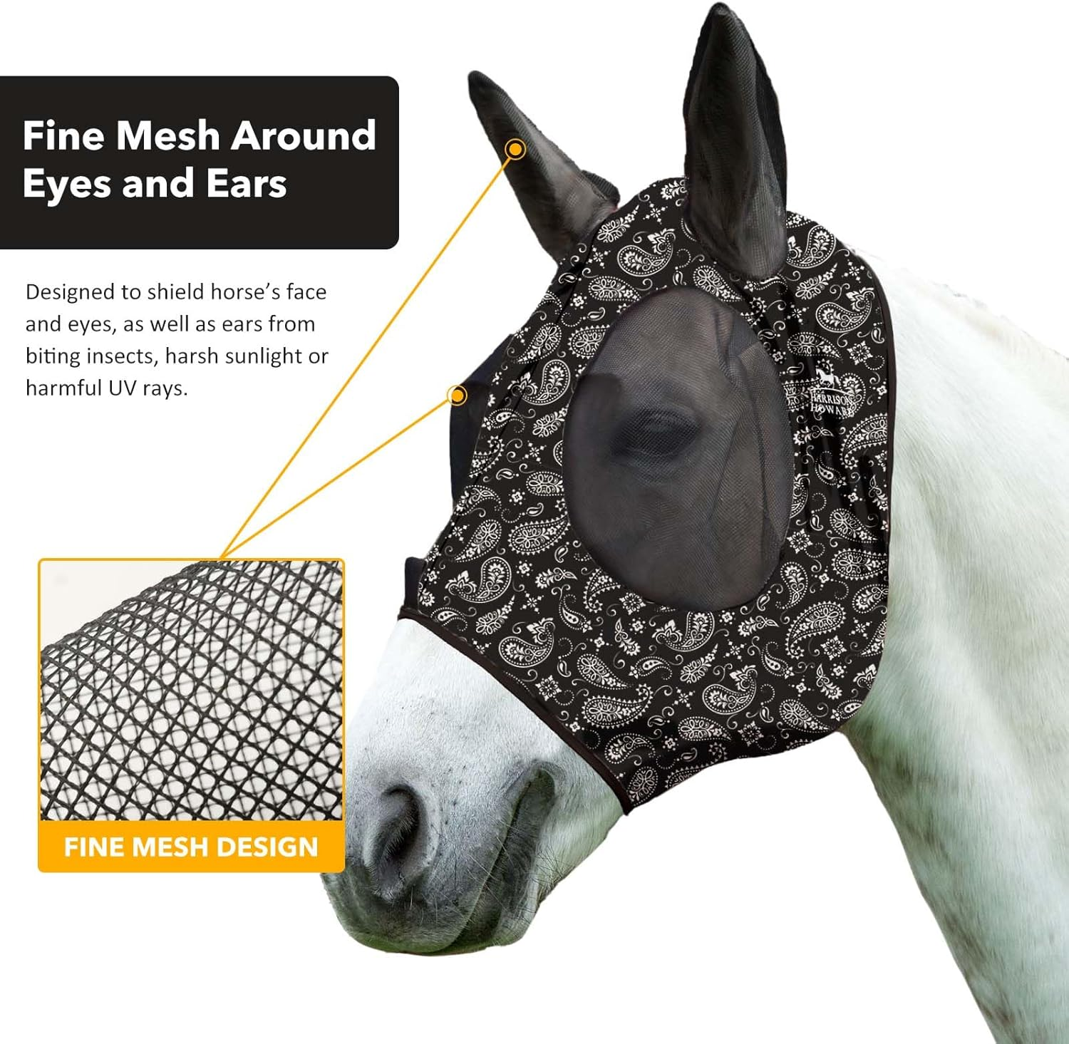 Harrison Howard Super Comfort Stretchy Fly Mask Large Eye Space with UV Protection Soft on Skin with Breathability Paisley Wave Cob (Medium) image number 2