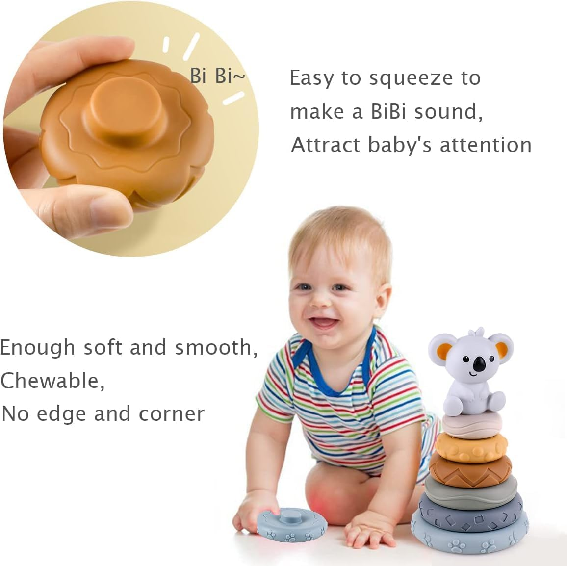 Stacking Nesting Circle Toy, Soft Squeeze Building Blocks Sensory Toys, Early Learning Color & Pattern Montessori Toys for for for 0-3-6-12 Months Old Infant Baby Boy Girl image number 4