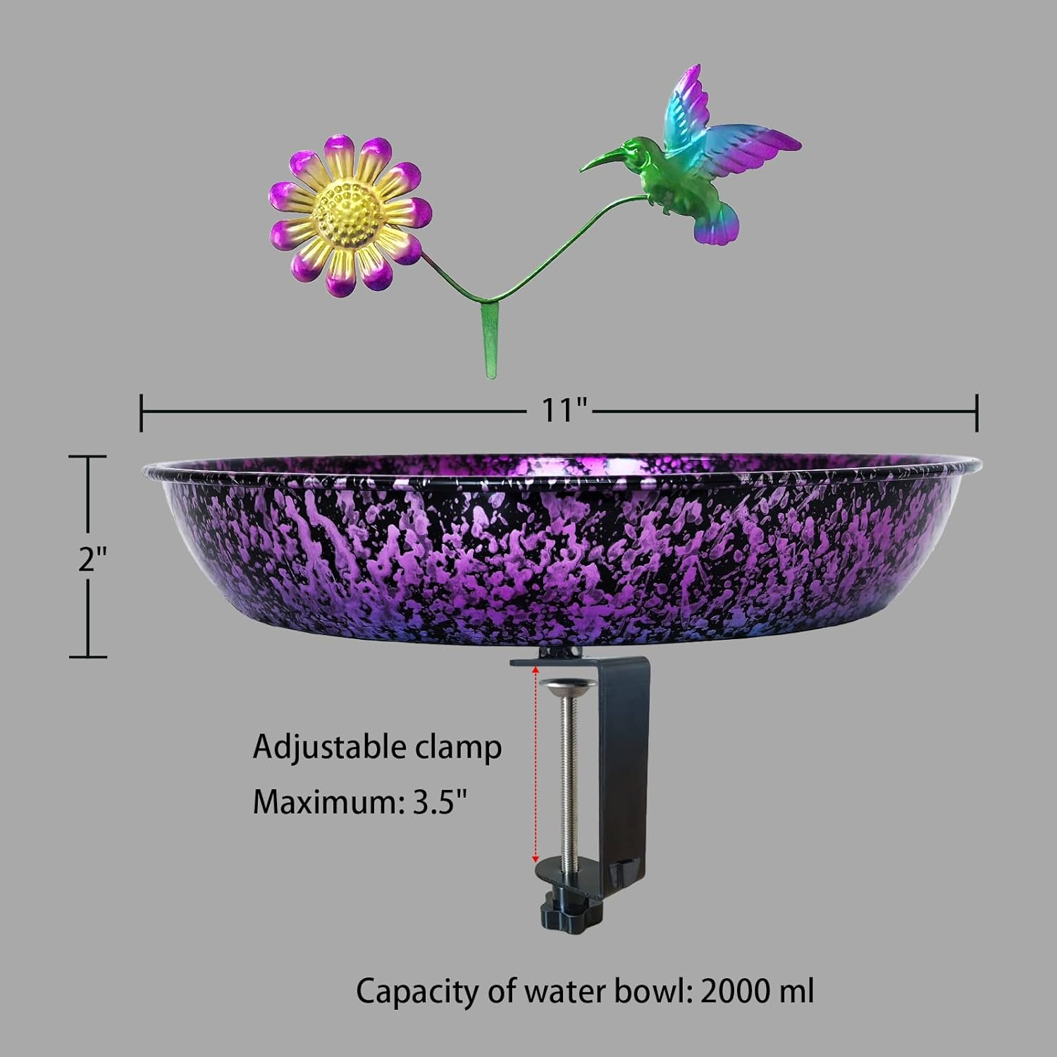 Deck Bird Bath for Outdoors, 11 Inch Colorful Purple/Blue Metal Birdbath Bowl Adjustable Steel Clamp Mounted Garden Bird Bath Feeder for Railing Balcony Outdoor Decor Yard Art image number 2