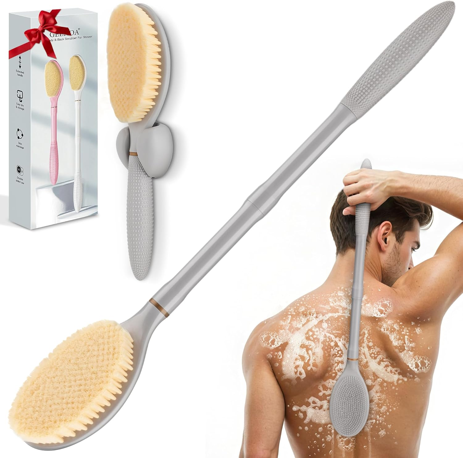 GEENOA New Back Scrubber Anti-Slip for Shower, 18.9&lsquo;&rsquo; Corn-Handle Shower Back Scrubber with Dual-Side Head & Soft Bristles, Adjustable Shower Brush Bath Brush for Lathering & Cleansing(Gray-L) image number 1