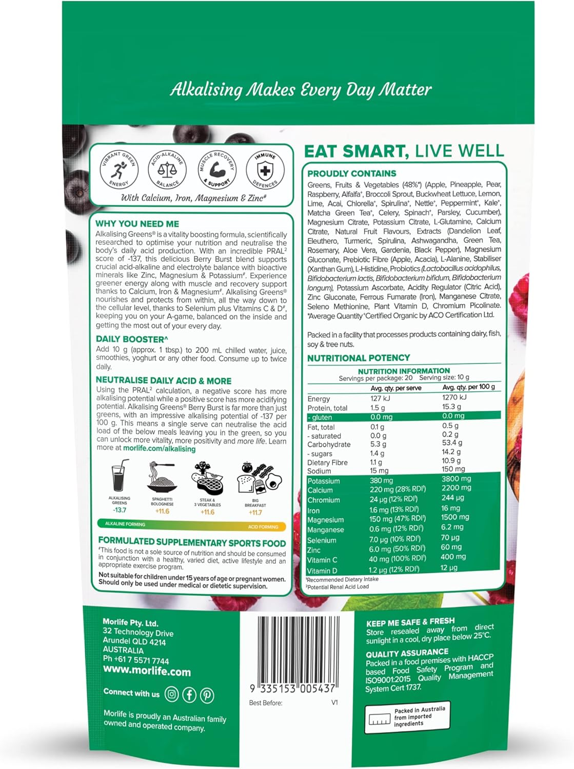 Morlife Alkalising Greens Powder Supplement, Berry Burst, 20 Super Greens, Fruits and Vegetables, Pre & Probiotics, Key Alkalizing Minerals, Vegetarian Superfood Formula, 7 Oz, 20 Servings image number 4