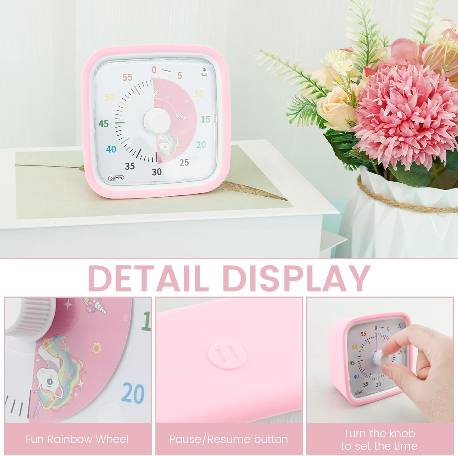 Visual Timer for Kids and Adults, 60 Minute Visual Countdown Timer, Non Ticking Classroom Timer, Silent Time Management Tool, Timer for Gym Classroom Studying Working (Pink) image number 4