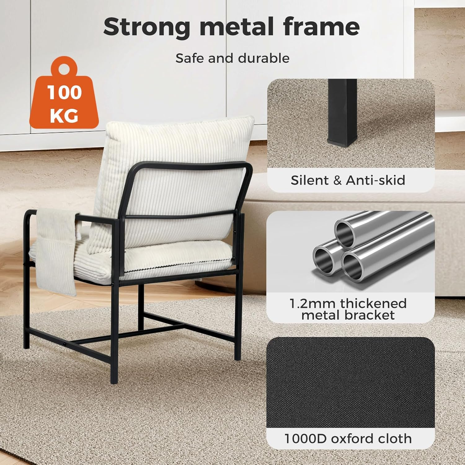 Levede Armchair Living Room Accent Chair with Sturdy Metal Frame, Bedroom Arm Chair-Lounge with Soft Corduroy Cushion,Zipper Split Design,Removable Storage Pockets,Comfy Sofa Seat for Office,Beige - Burnt Orange image number 3