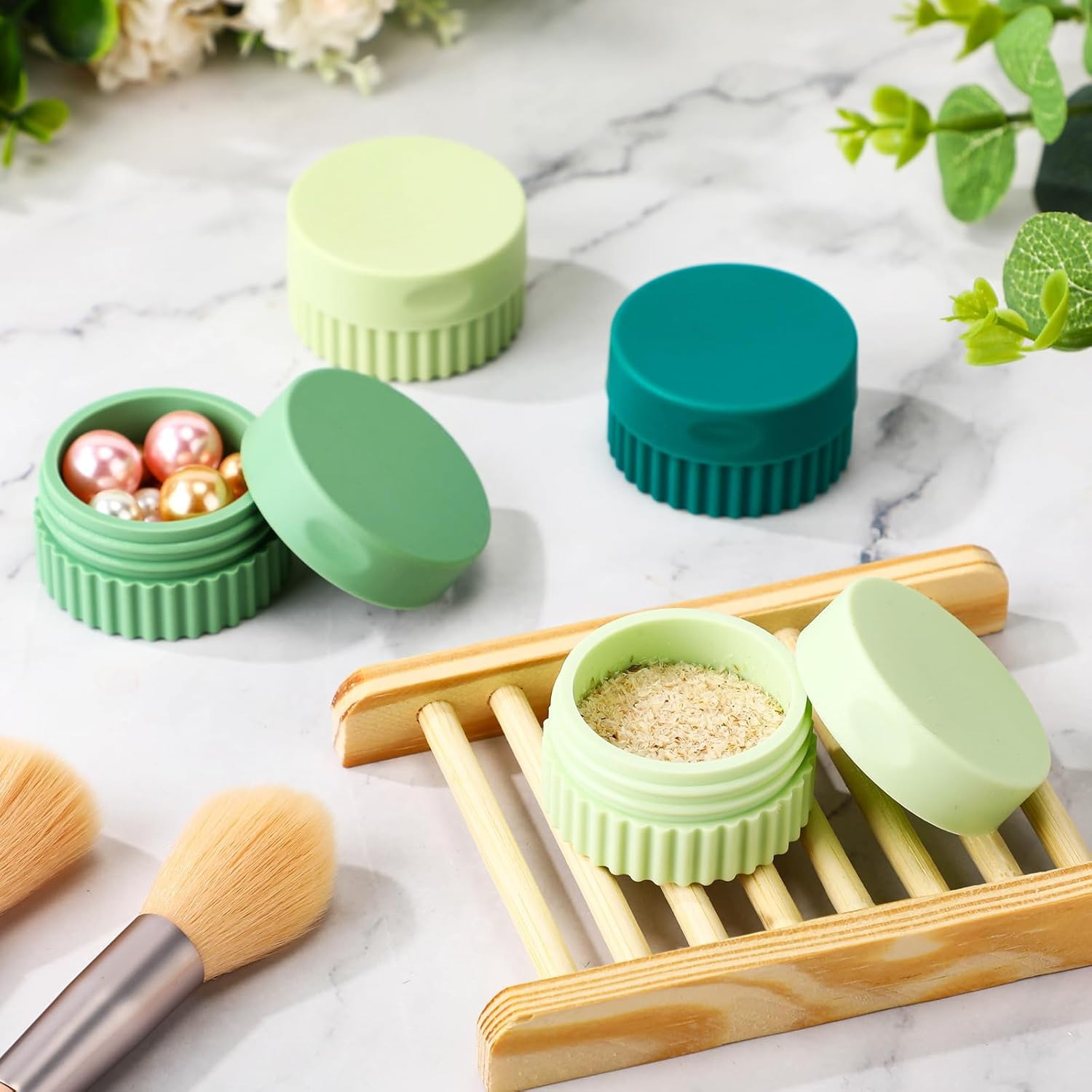 Maxcheck 4 Pcs Travel Containers for Toiletries 0.68 Oz/20 Ml Small Silicone Cream Jar with Lid Mini Leakproof Lotion Jar Refillable Travel Cosmetic Container for Face Body Skin Cream (Green Color) - Neutral Color Quatrain image number 5