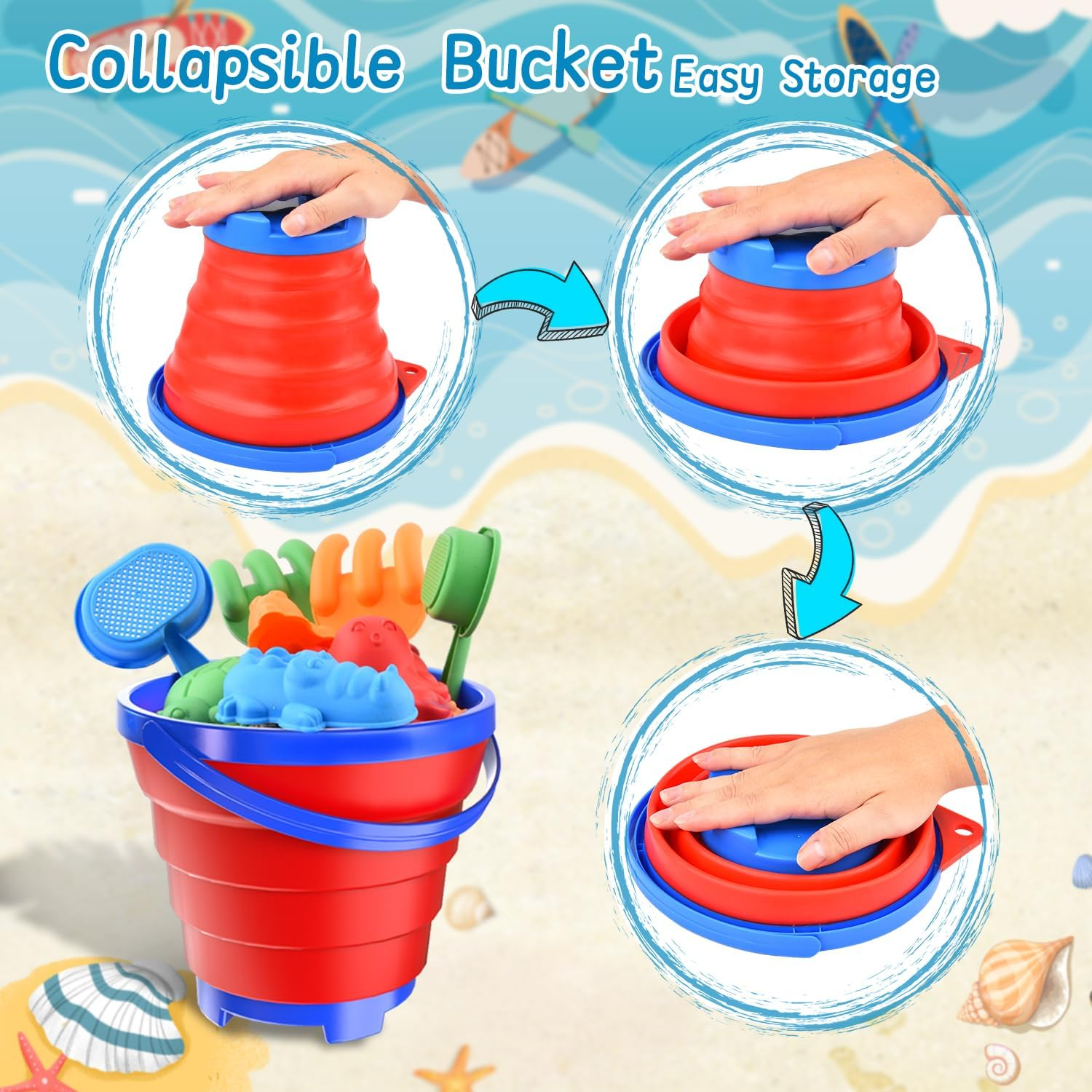 Sand Beach Toys for Kids, 3PCS Collapsible Sand Bucket, Shovel Set, Animal Molds with Big Mesh Bag, Travel Toys Fortoddlers Boys Girls Outdoor Beach Play Camping Bath Pool Water Play-14Pcs image number 2