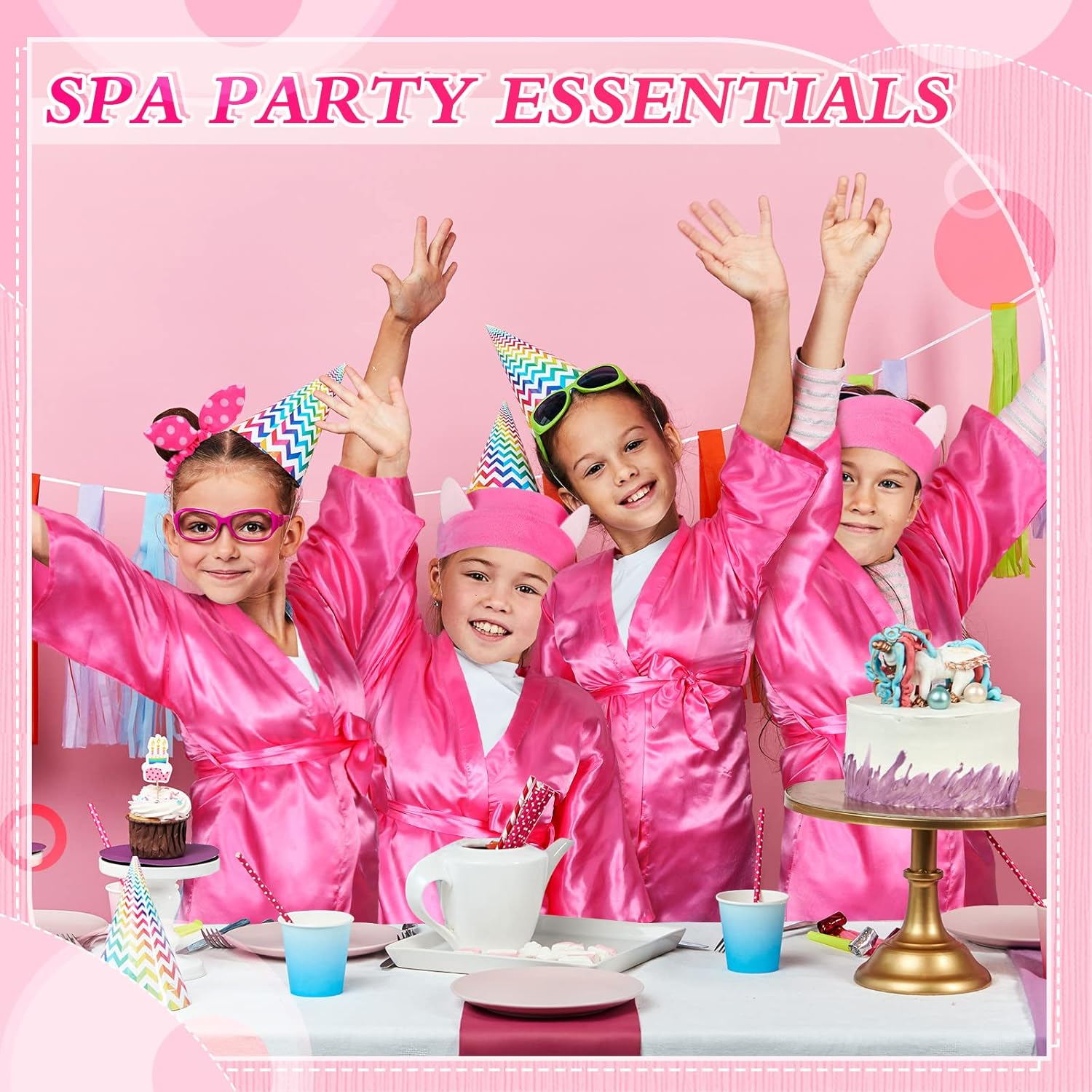 60 Pcs Spa Party Supplies for Girls Satin Kimono Robe Disposable Foam Slippers Eye Mask Spa Headband Bow Hair Band Kid Salon
