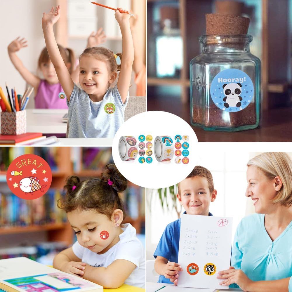 2000Pcs Motivational Reward Stickers for Kids, 4 Rolls 1 Inch round Cartoon Animals Praise Stickers,Motivational Teacher Supplies for Classroom