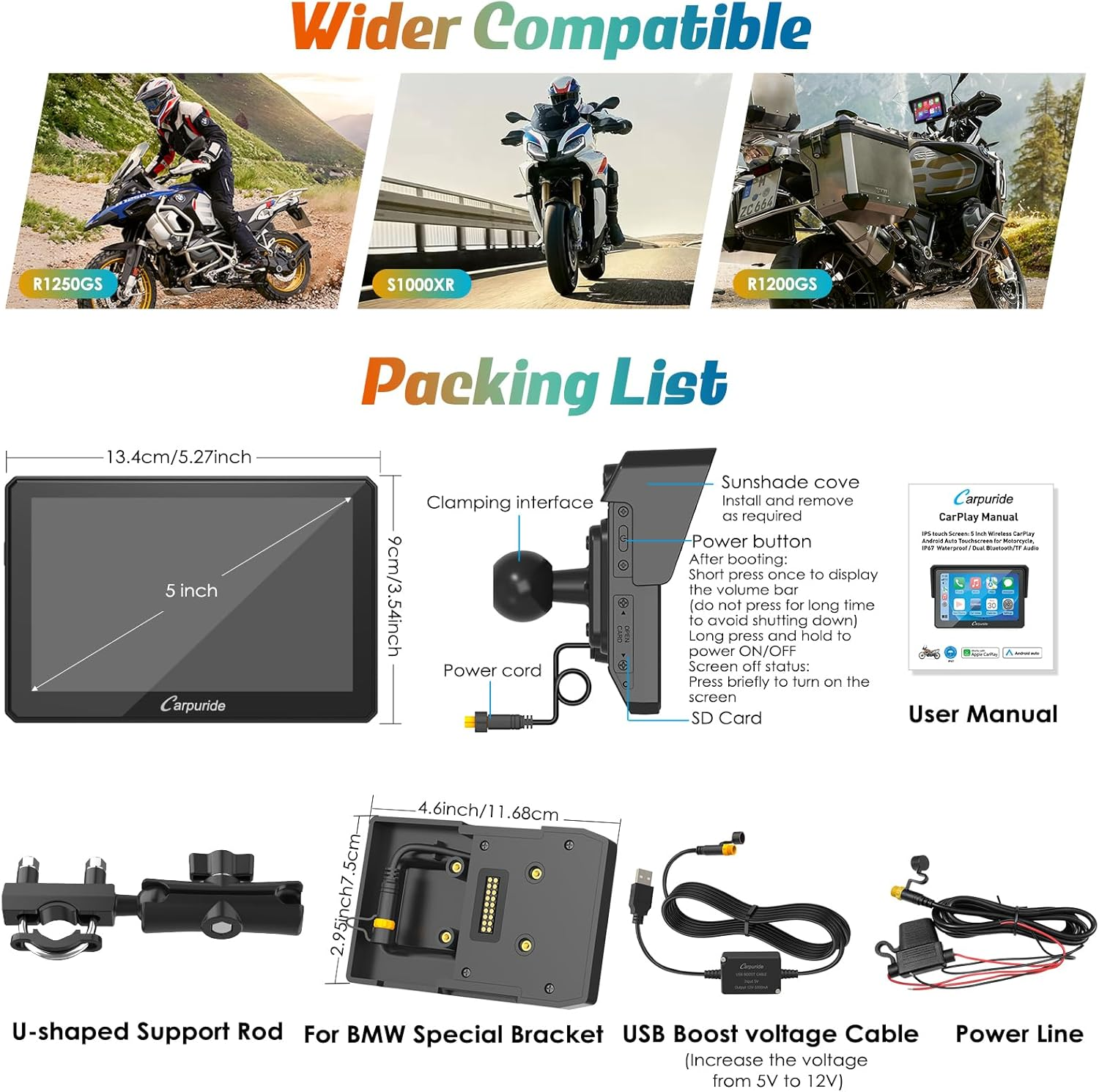 Motorcycle Carplay Screen Carpuride W502B for BMW R1200GS/R1250GS/S1000XR &ndash; 5" IP67 Waterproof Touchscreen, Wireless Android Auto & Carplay, GPS Navigation, Dual Bluetooth, Enhanced Bass EQ image number 2