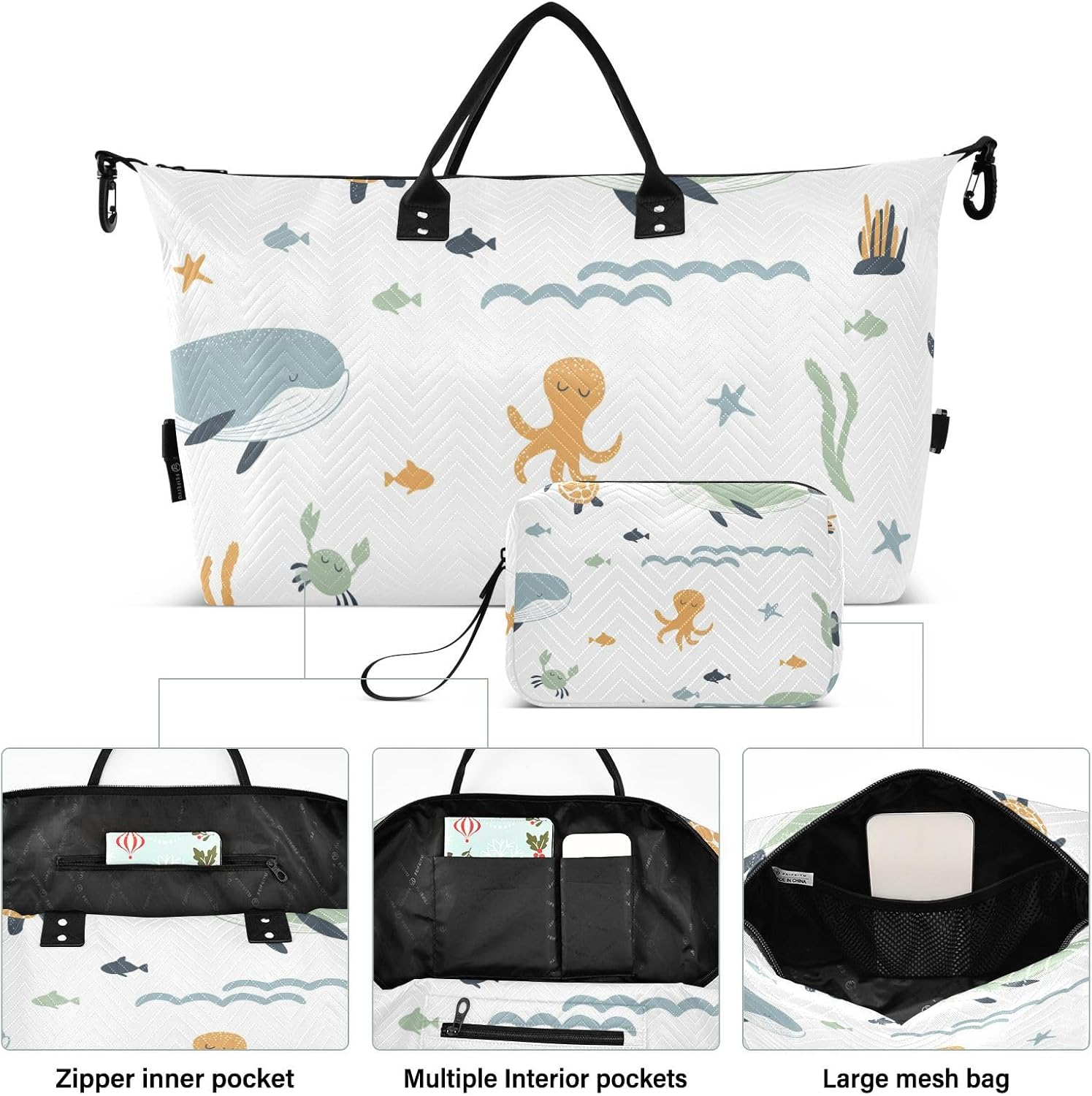 Seamless Whales Octopuses Sea Turtles Duffel Bags Travel Weekender Gear Bag Tote Bag with Adjustable Strap for Workout 2 Pcs Set, Seamless Whales Octopuses Sea Turtles, One Size, Seamless Whales image number 5