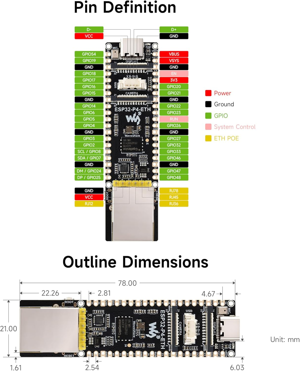 ESP32-P4-ETH Development Board with Pre-Soldered Header, Based on ESP32-P4 +100 Mbps RJ45 Ethernet Port, Rich Human-Machine Interfaces, Supports AI Speech Interaction, with Poe Module (3 Items) image number 4