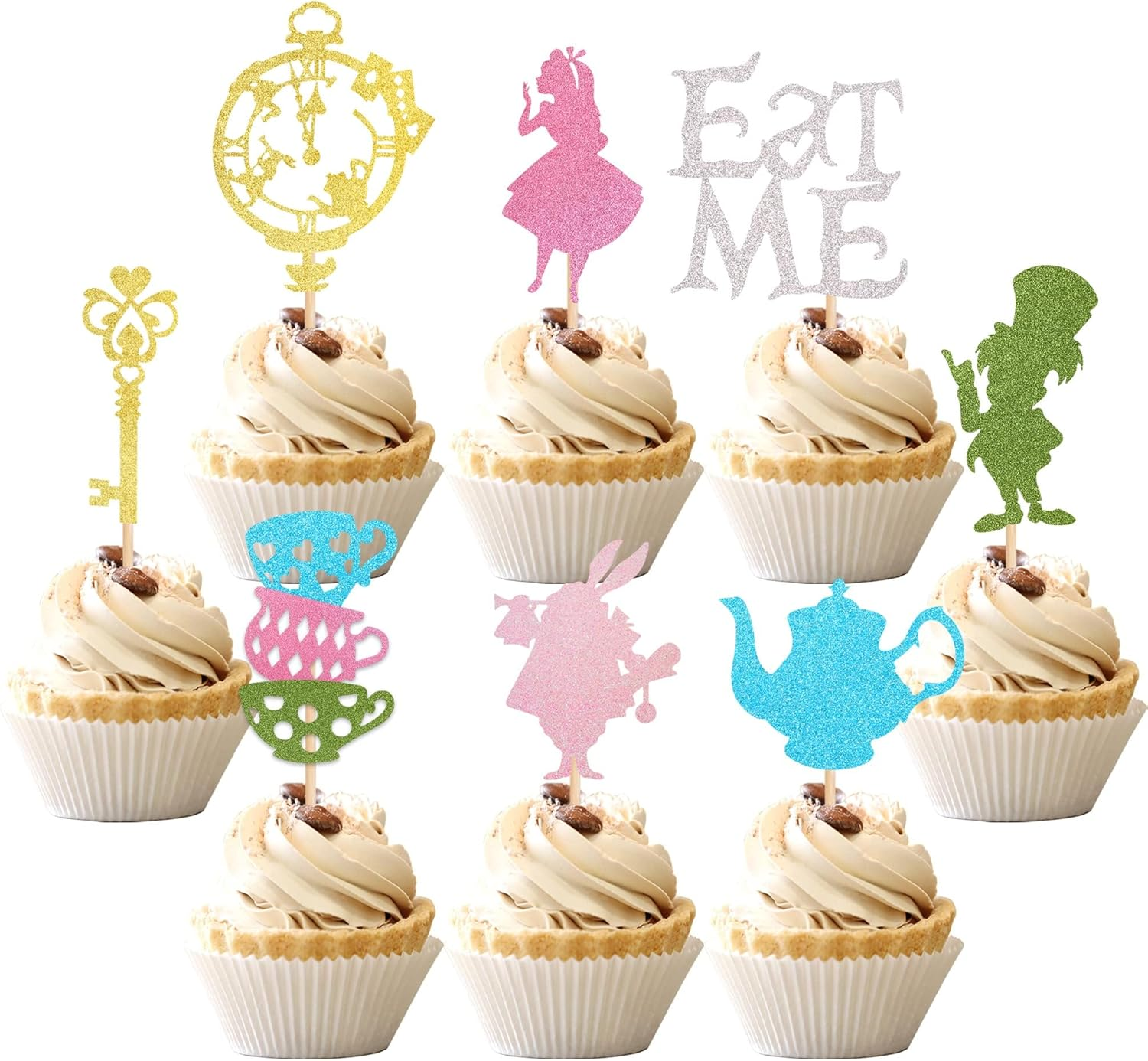 24 Pack Alice in Wonderland Cupcake Toppers Glitter Bowl Key Clock Fairy Eat Me Cupcake Picks Tea Party Cake Decorations for Baby Shower Kids Boys Girls Birthday Party Decoration Supplies image number 6