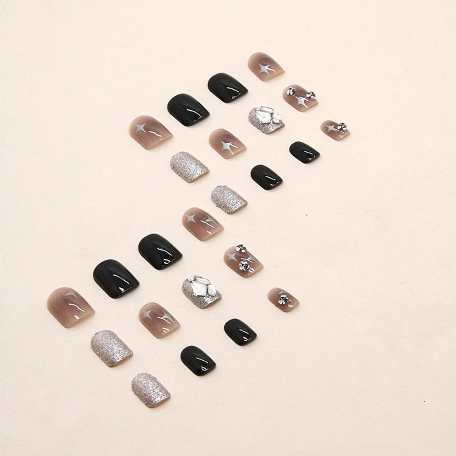 24 Pieces of Short Square Cat-Eye Nude False Nails, Cat-Eye Patch Nail Art, Nude Gradient Glitter， Short Almond-Shaped Acrylic (Black Square) image number 5