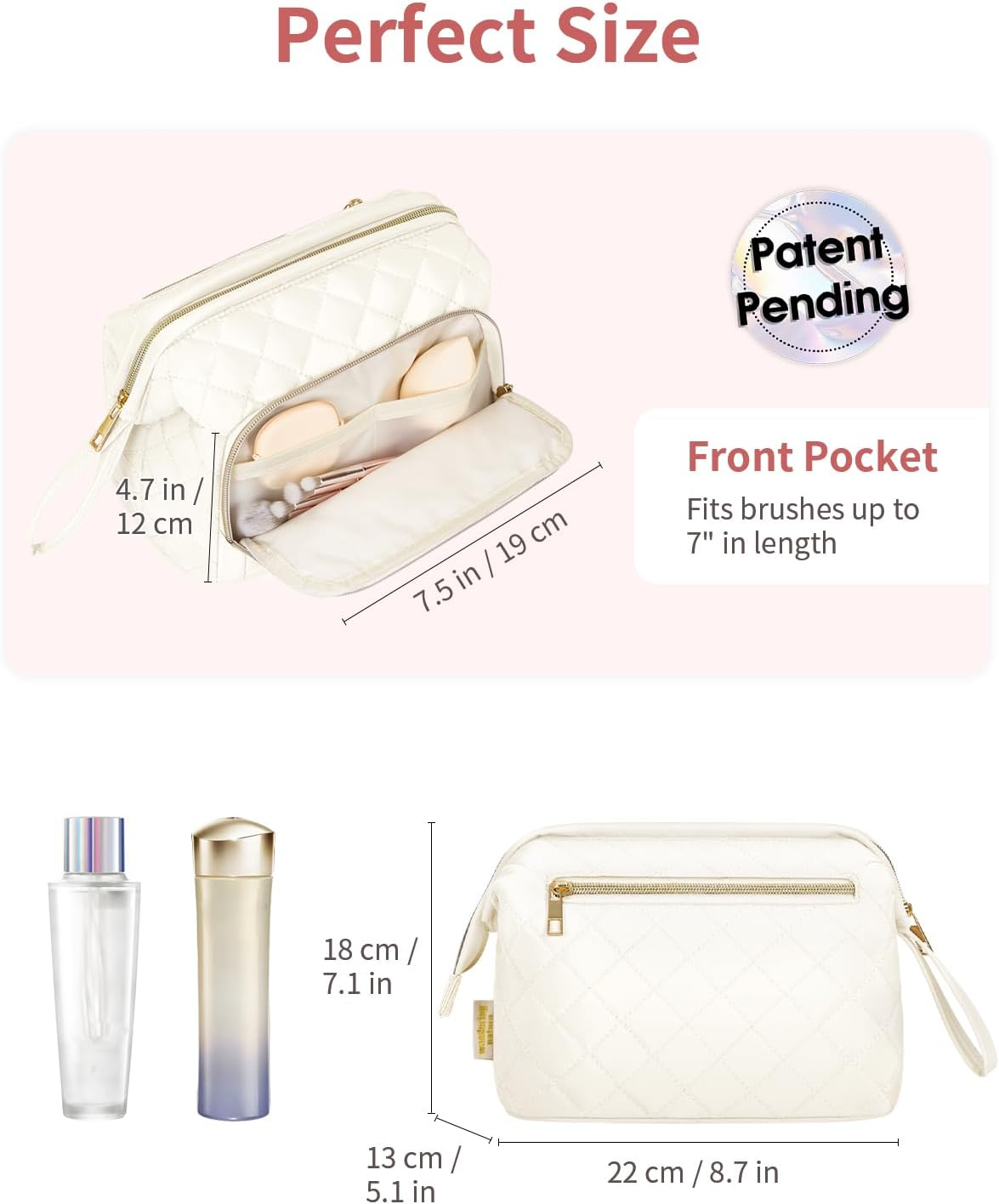 Wandering Nature Makeup Bag, Travel Make up Case, Makeup Organizer Bag with Handle, Back Pocket, (Beige) Patent Pending image number 3