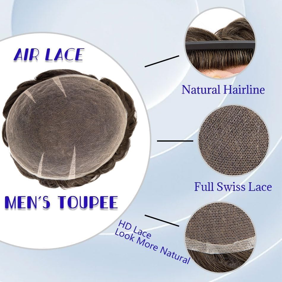 Ehairc Hair System for Men Full Swiss Lace Toupee for Men 100% Real Hair Breathable Men'S Toupee Hairline Bleaching Knots Natural 90% 8 X 10 Inches (#18) image number 5
