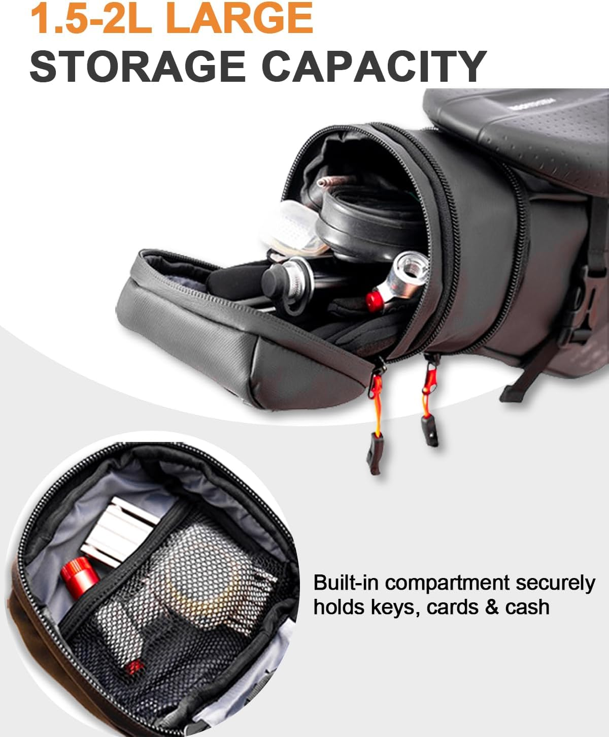 Bike Seat Bag, Waterproof Bicycle Saddle Bag, Expandable Capacity Cycling under Seat Pouch 1.5-2L, Bike Seat Pack for Mountain Road Bikes and Commuter image number 1