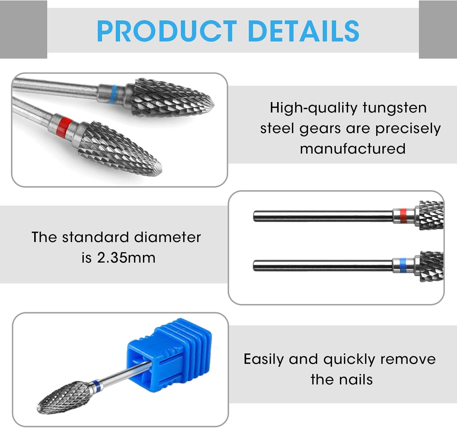 2 PCS Carbide Nail Drill Bits with Case, 3/32" 5 in 1 Tungsten Drill Bit Set for Nail Salon Manicure Pedicure Gel Polishing Cuticle Cleaner (Round Head) image number 5
