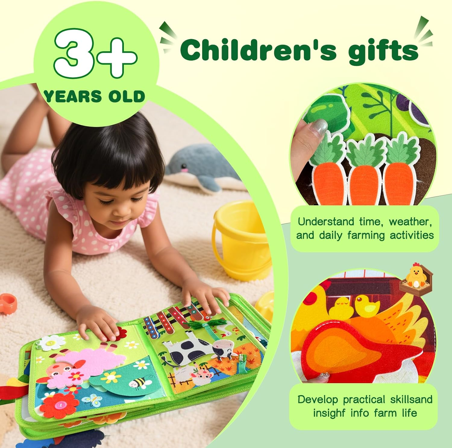 Toddler Busy Book, Farm Animal Theme Quiet Busy Books with Cognition, Sorting, Matching Function, Soft Felt Material, Montessori Busy Book for 3+ Years Old Boys Girls (Green) image number 3