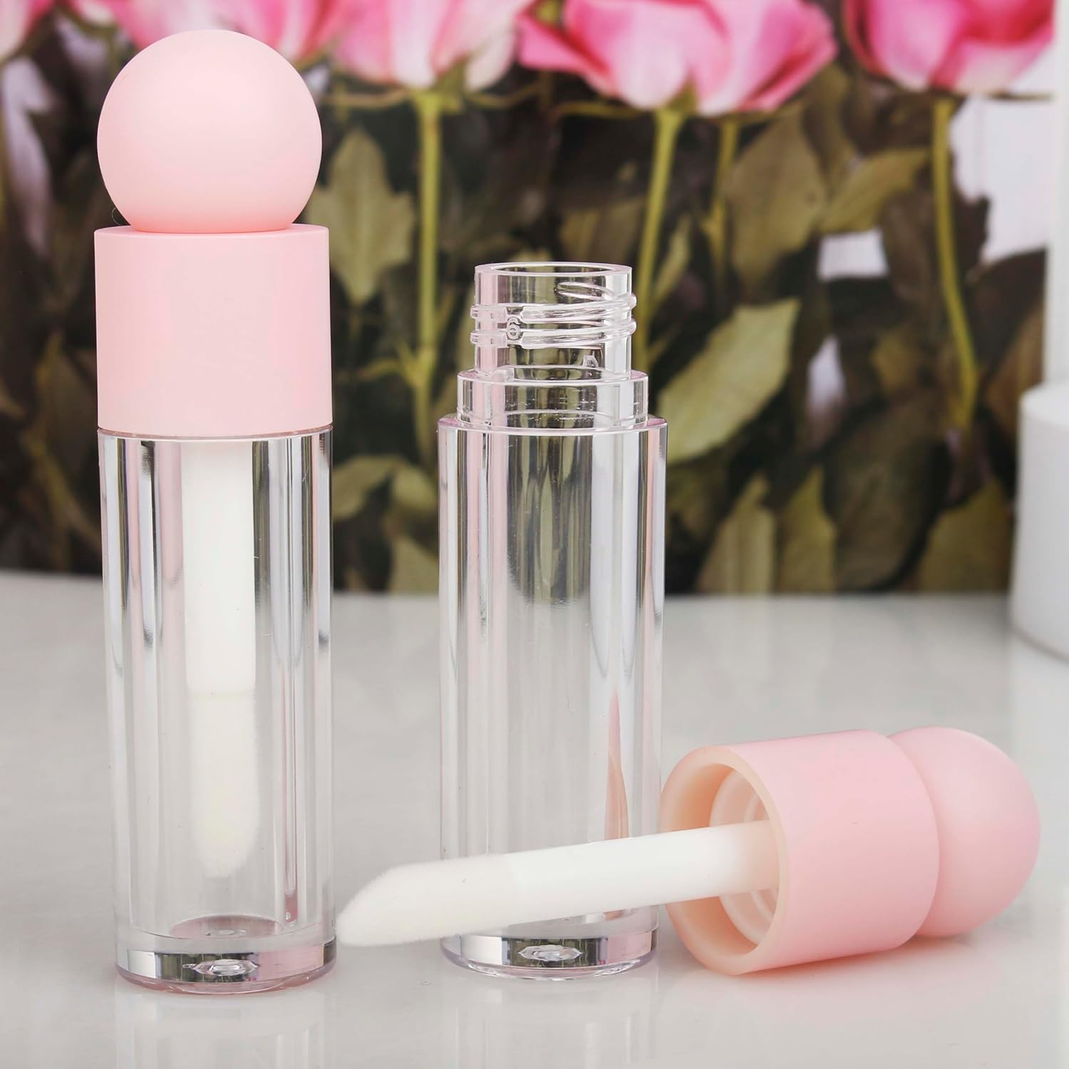 COSIDEA 30Pcs Empty 5Ml Pink Lip Gloss Tubes with Big Wand Large Deo Foot Brush Lipgloss Tube Container with Ball Shape Cap