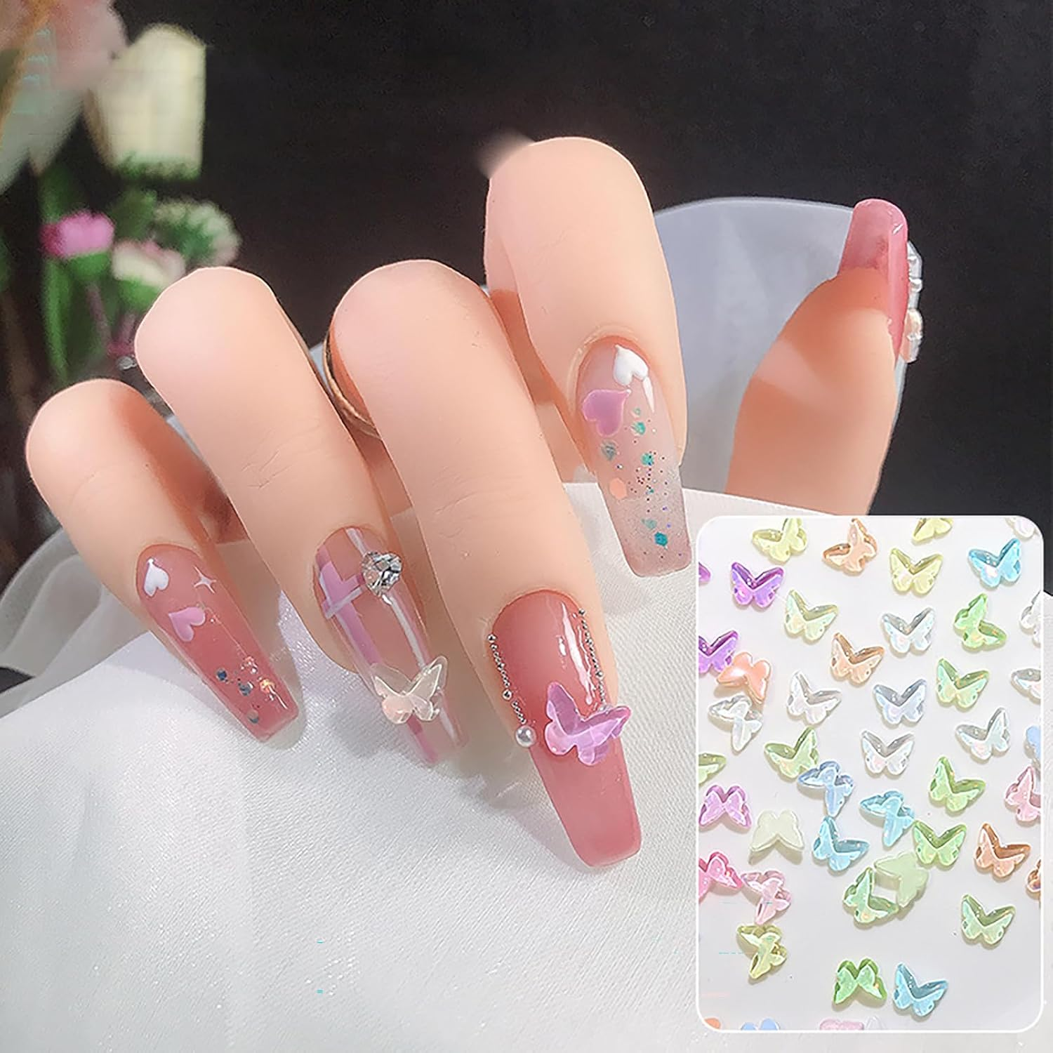 Taoluwin 100Pcs Nail Art Rhinestones, 8X6Mm Pastel Butterfly Gems, Flat Back Glass Rhinestones for Nail Decoration, Crafts & Jewelry Making, 8 Candy Colors Nail Gems Set image number 1