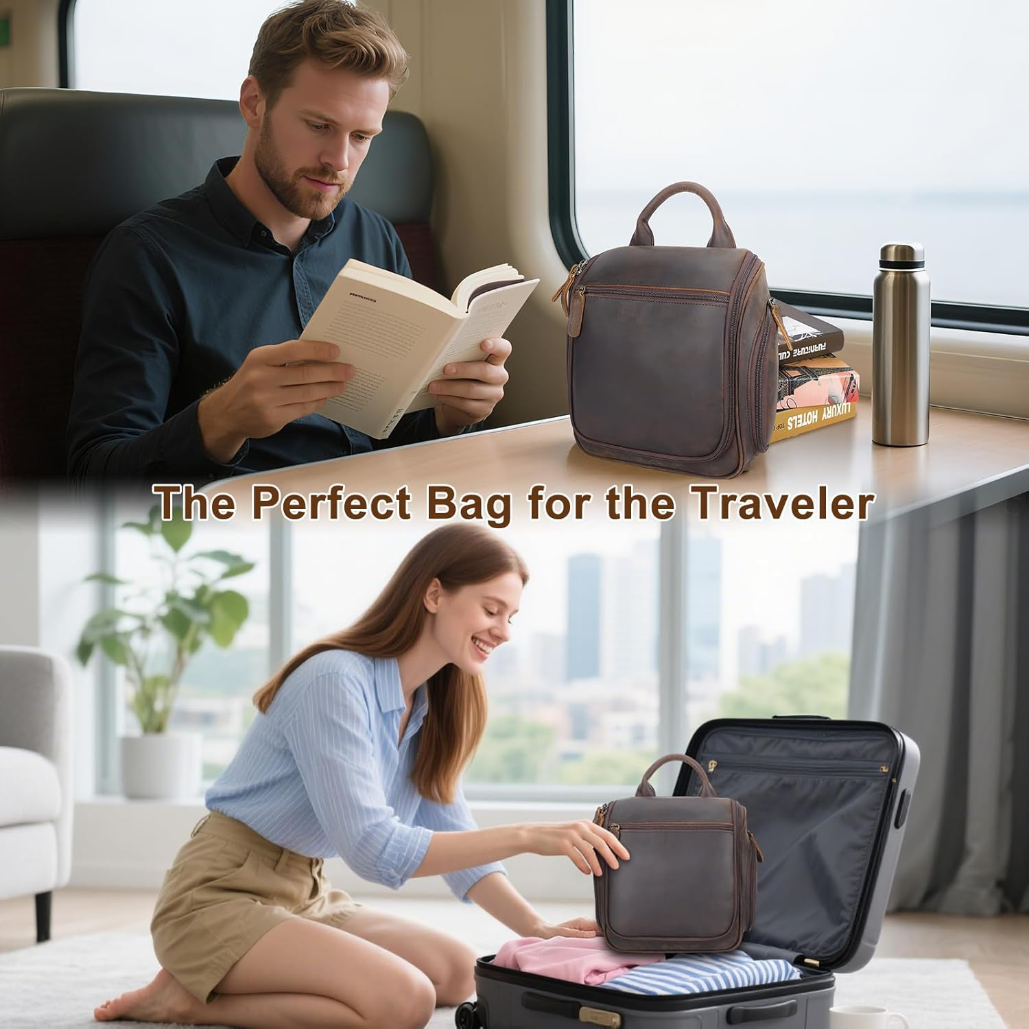 TIDING Leather Hanging Travel Toiletry Bag for Men Women Large Expandable Portable Toiletries Organizer for Travel Business Gym Use Leather Toiletries Bathroom Cosmetic Storage image number 3