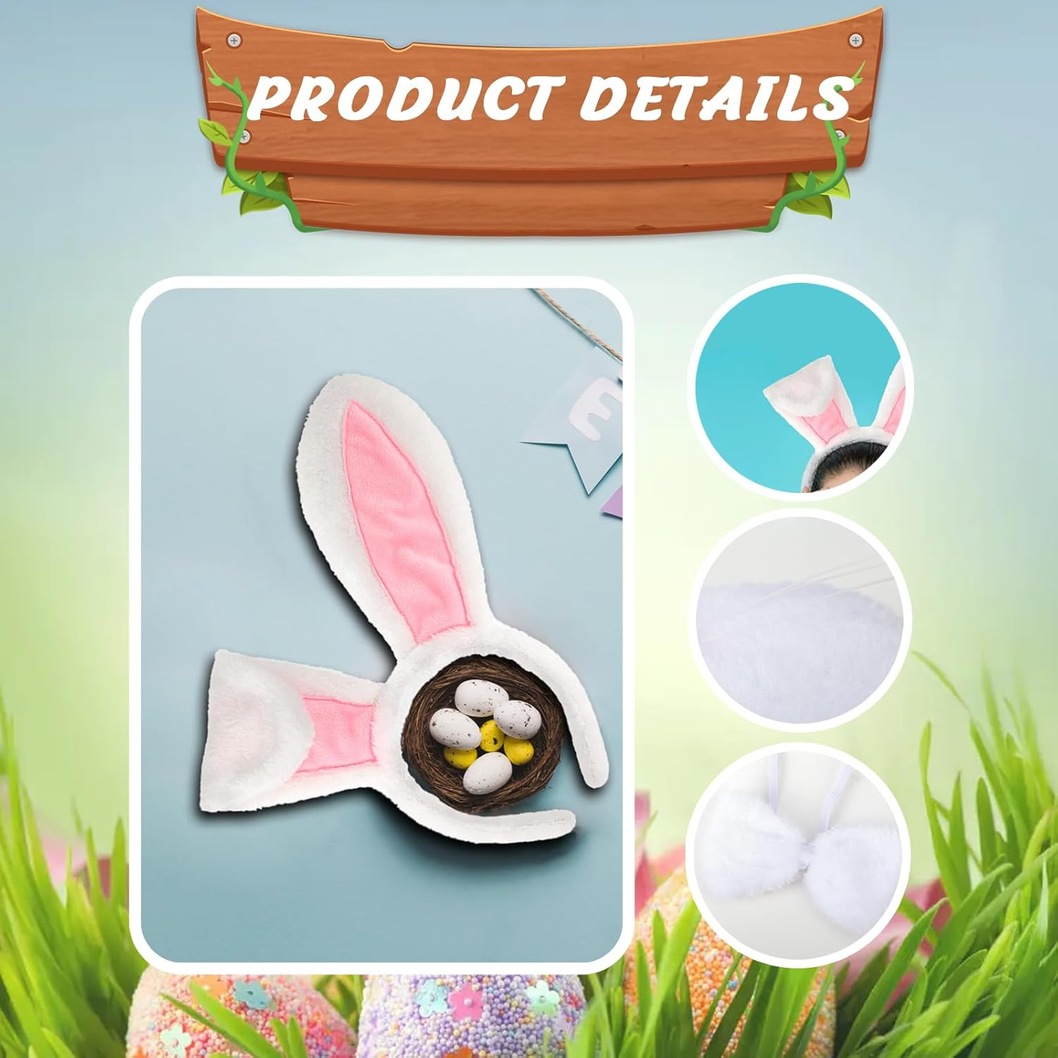 3 Pcs Easter Bunny Ears Kit, Plush Easter Headband with Bowtie and Nose, Cute Gifts for Kids Women Party Cosplay Easter Bunny Costume image number 3