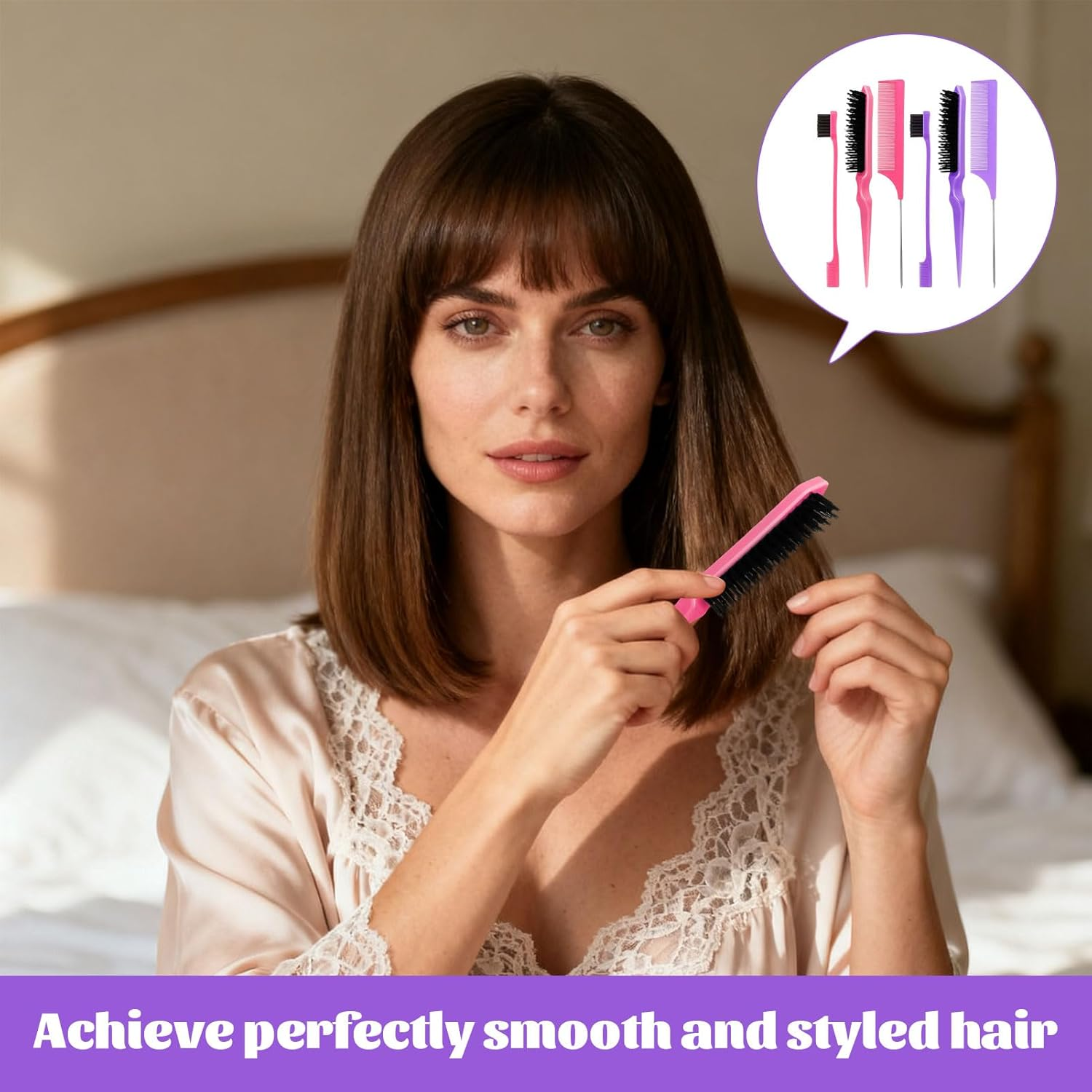 Slick Back Brush, 6 Pcs Slick Brush Set, Slick Hair Brush, Bristle Hair Brush, Rat Tail Comb, Edge Brush, Hair Styling Tools for Women Parting Comb Styling Tools & Appliances (Pink & Purple)