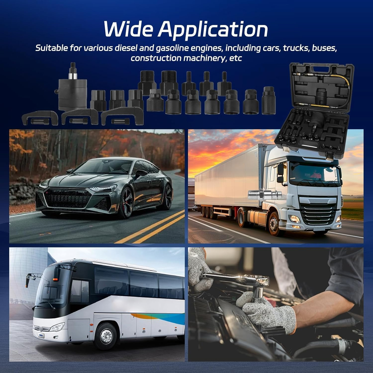 Pneumatic Injector Puller Set, 5-8 Bar Air Vibration Diesel Fuel Injector Removal Tool Set of 25 with Extractor Hammer, 19 Adapters, Extension Hose, UK and JP Connectors