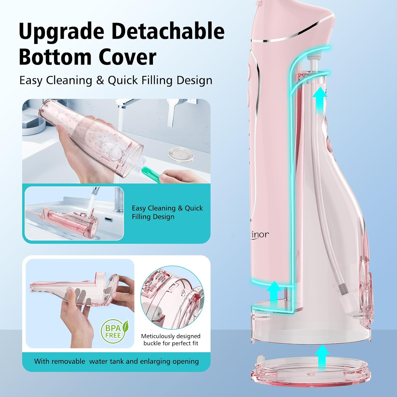 Leominor Water Flosser Pick for Teeth, 300ML Portable Oral Irrigator Upgraded Tank Removable,Ipx7 Waterproof, Rechargeable Travel Teeth Cleaner, Professional Electric Flossing Machine (Pink) - O-Green image number 7