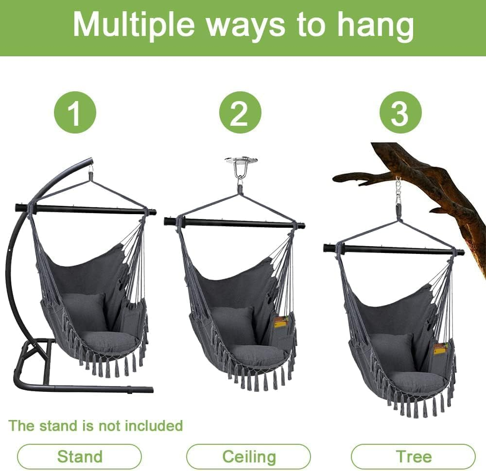CULOTOL Hammock Chair Hanging Rope Swing Chair with 2 Seat Cushions & Installation Kit, Max 330 Lbs,Hammock Swing Hanging Chair for Bedroom outside Shanging Yard Patio Camping Garden image number 4