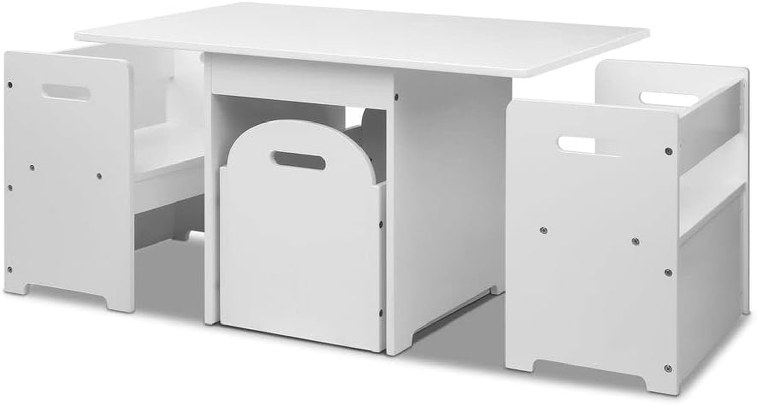 Keezi Kids Table and Chairs with Storage Box, Children Study Chair Desks Dining Tables Drawing Eating Painting Learning Activity Play Setting Home Living Room Bedroom Outdoor Furniture, Durable White image number 6