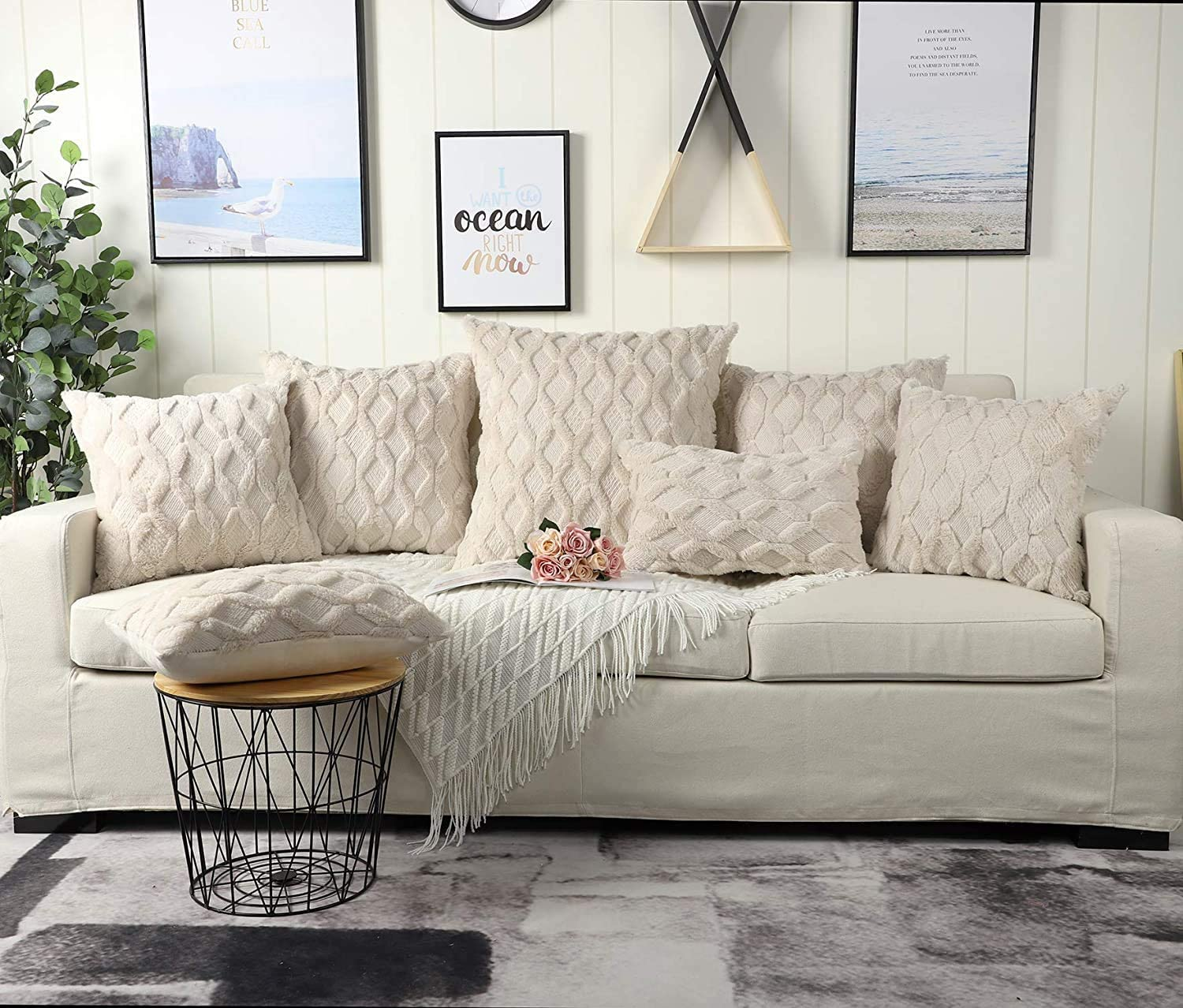 Haundry Pack of 2 Soft Plush Short Wool Velvet Decorative Throw Pillow Covers Luxury Style Cushion Case Pillow Shell for Sofa Bedroom Square Beige 18X18 Inch image number 2