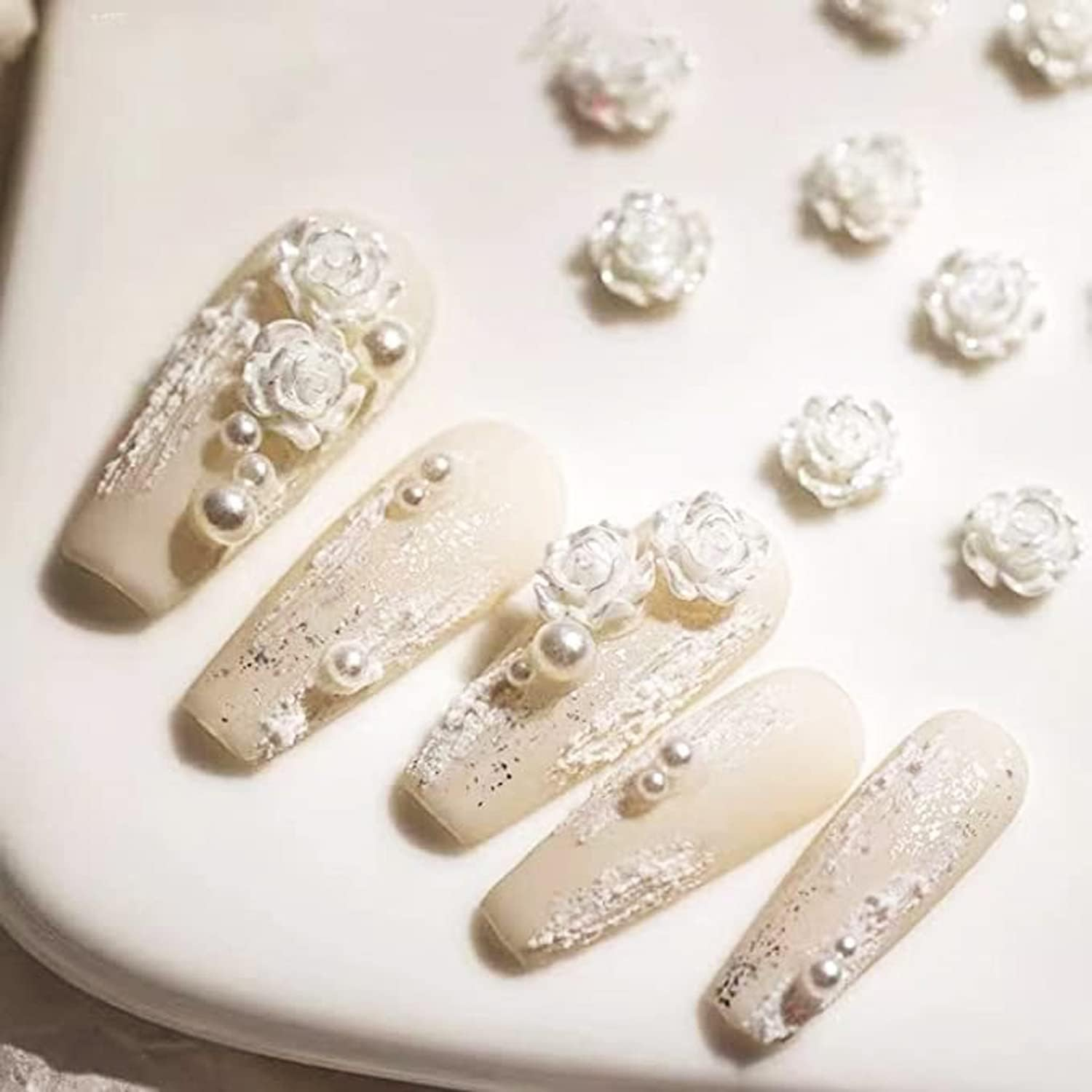 60 Pieces of 3D Nail Art Roses, Beauties Factory Resin Rose 6.5Mm & 8Mm Snow White ICY Aurora Tips Decorations (White) image number 1